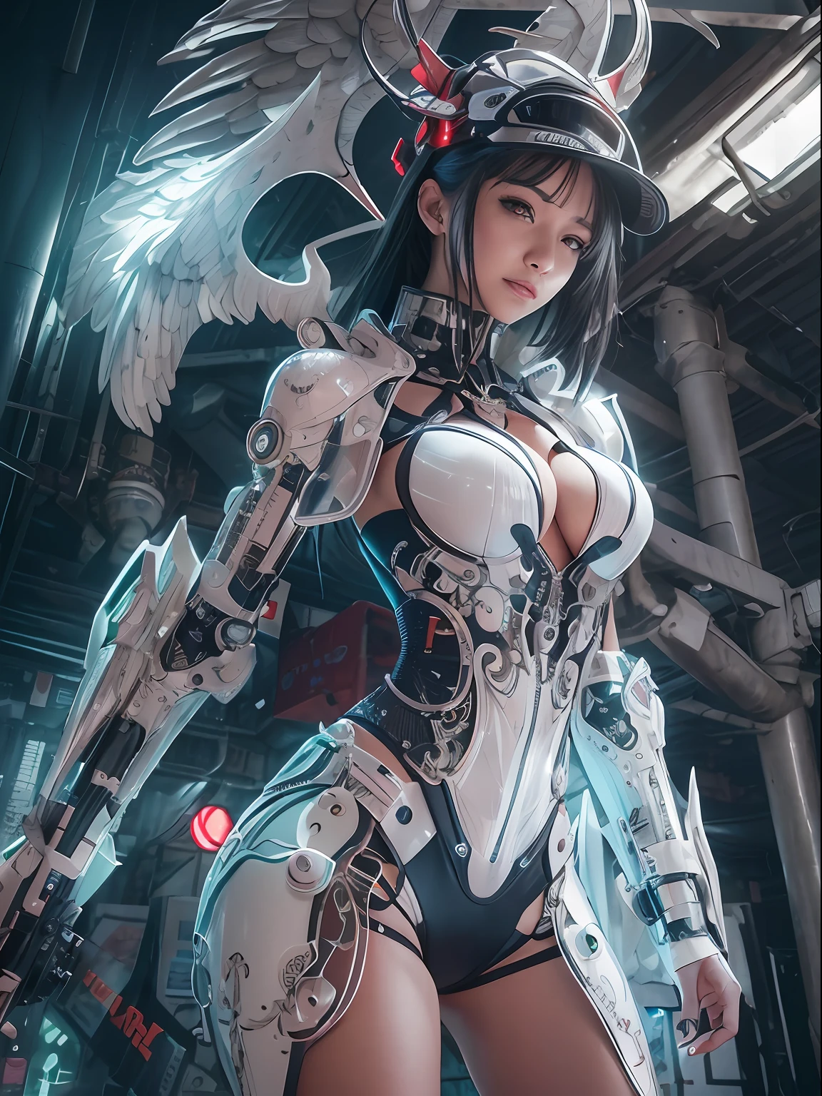 top-quality、tmasterpiece、超A high resolution、(Photorealsitic:1.4)、RAW photo、Steampunk robot angel、Large wing made of metal、White porcelain body、Acrylic transparent cover、whaite hair、glowy skin、1 Cyborg Girl、((Super realistic details))、porate、globalillumination、black shadows、octan render、8K、ultrasharp、Character edge light,Colossal tits、Raw skin is exposed in cleavage、Details of complex ornaments、Sumerian details、Hydraulic cylinder、small led lights、highly intricate detail、Realistic light、a purple eye、Radiant eyes、Facing the camera、neon light detail、cow boy shot、Futuristic headgear、Floor plan about the《cyber punk perssonage》、、huge tit,36d,Bigchest,Raised sexy,Cocked buttocks,Hot,Bigchest,cleavage,Big tits,A detailed,Cocked buttocks:1.2,,gigantic cleavage breasts,Raised ,Get wet all over your body,Pose with your hips facing you
