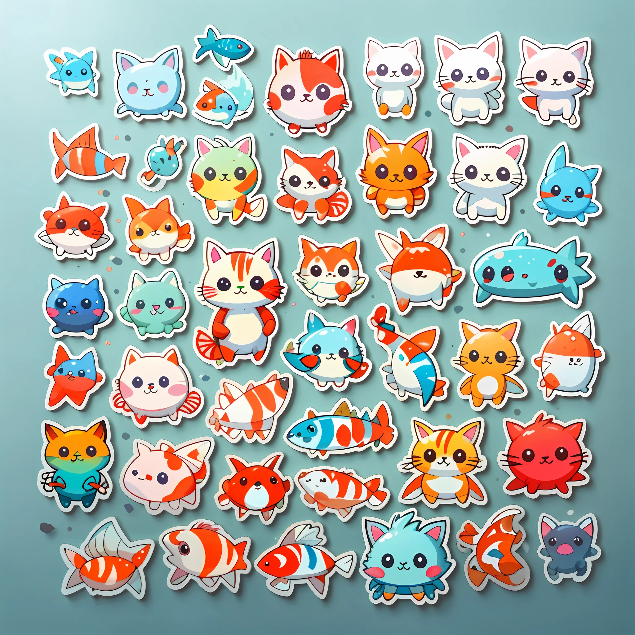 a sticker, stickfigure,Cute cats, The fish,crabs,crayfish,Moe carp,Cute little fish,light blues,solid color backdrop, Character focus low saturation