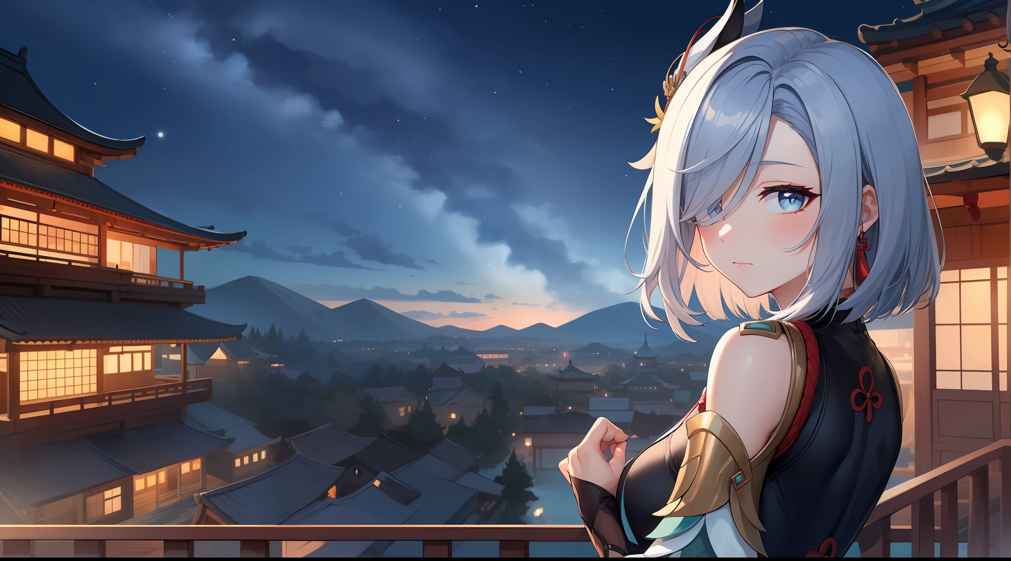 shenhedef, upper body, no expression, blush, outdoors, night moon, liyue house background, night starry sky, short hair, sky, temple, looking at viewer, mountain, moody lighting, (perfect detail eyes:1.2), glowing eyes