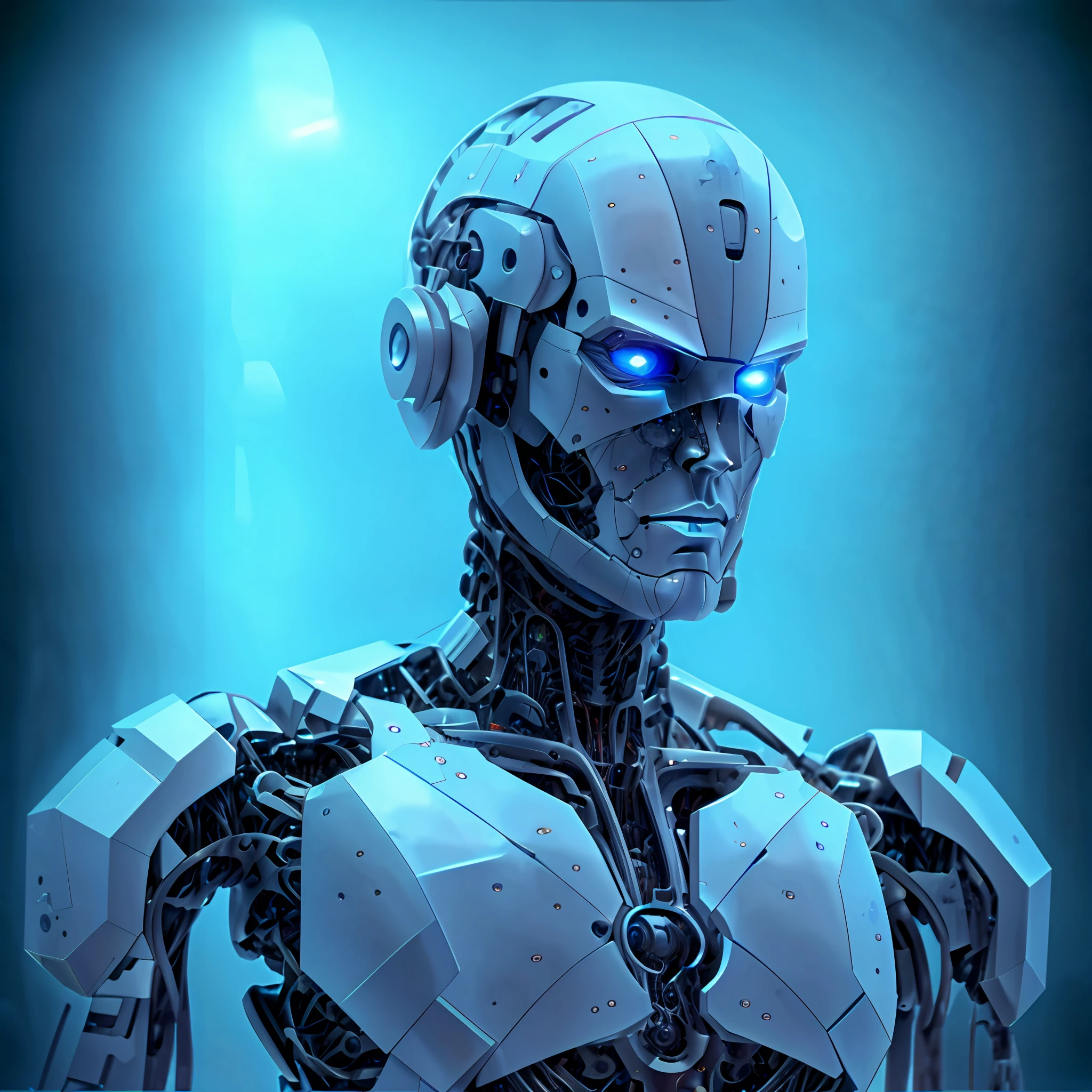 A closeup of a robot with blue eyes and a white body, portrait of a futuristic robot, humanoid robot close up, robot with human face, futuristic robot, white robot, cyborg robot, friendly humanoid cyber robot, humanoide detalhado, Retrato do humanoide masculino, cyborg robot wearing vr headset, robot cyborg, strong artificial intelligence, futuristic robot body, ciborgue macho