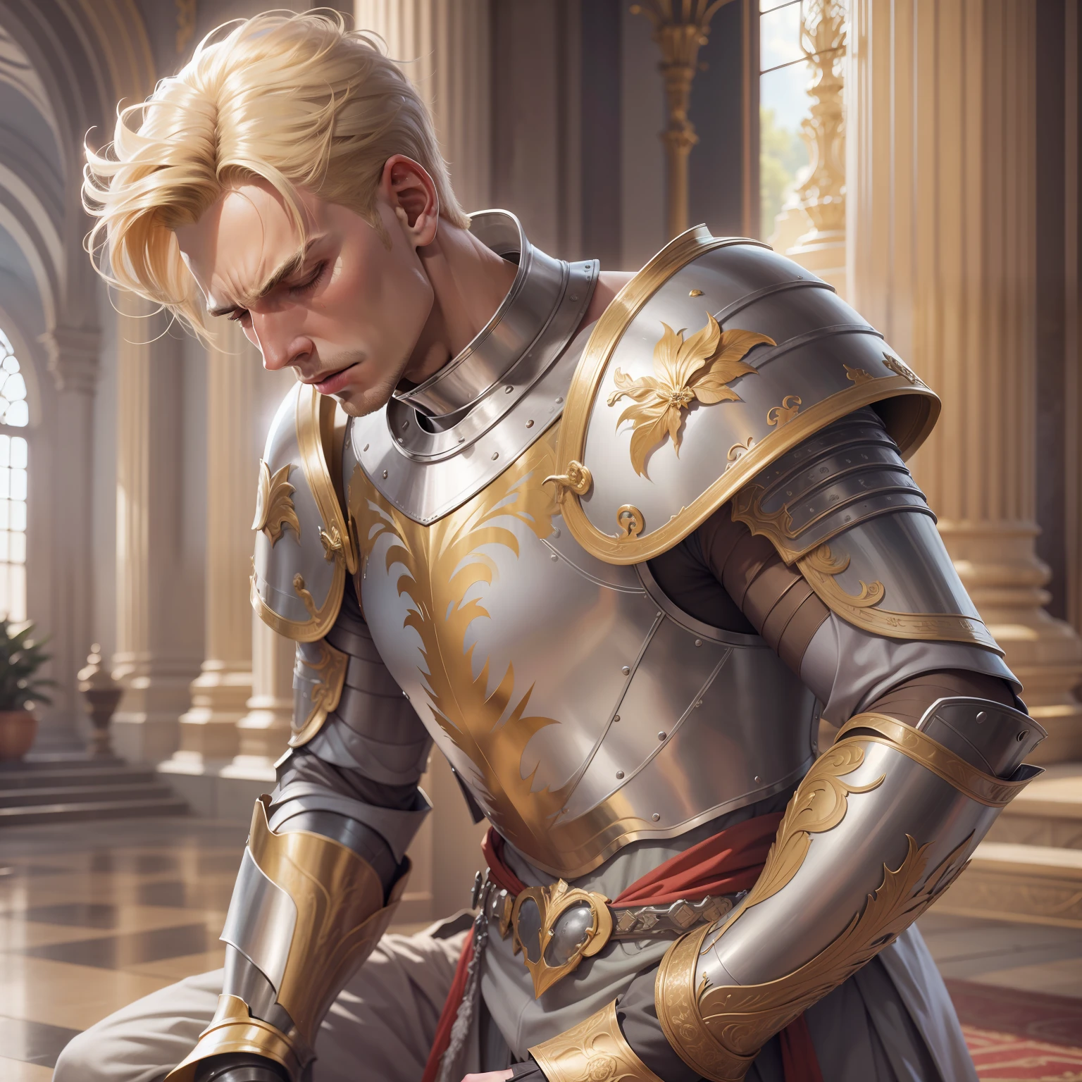 realistic image of blond man with short hair, 30s, tall, strong, eyes rolled back in their sockets, expression of pain, dressed in silver armor torso and golden shoulder pads, hunched over, scene of a large hall in a royal palace