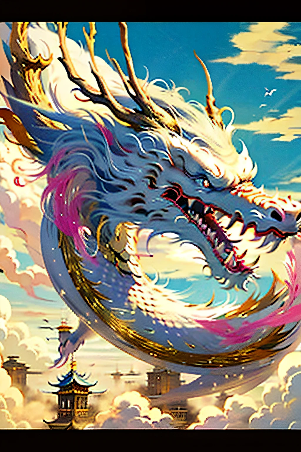 Best quality at best，tmasterpiece，超高分辨率，There are girls，​​clouds，palaces，黑The eye，deer antlers，with her mouth open，Skysky，fang，Oriental White Dragon，Skysky，teeth，flight