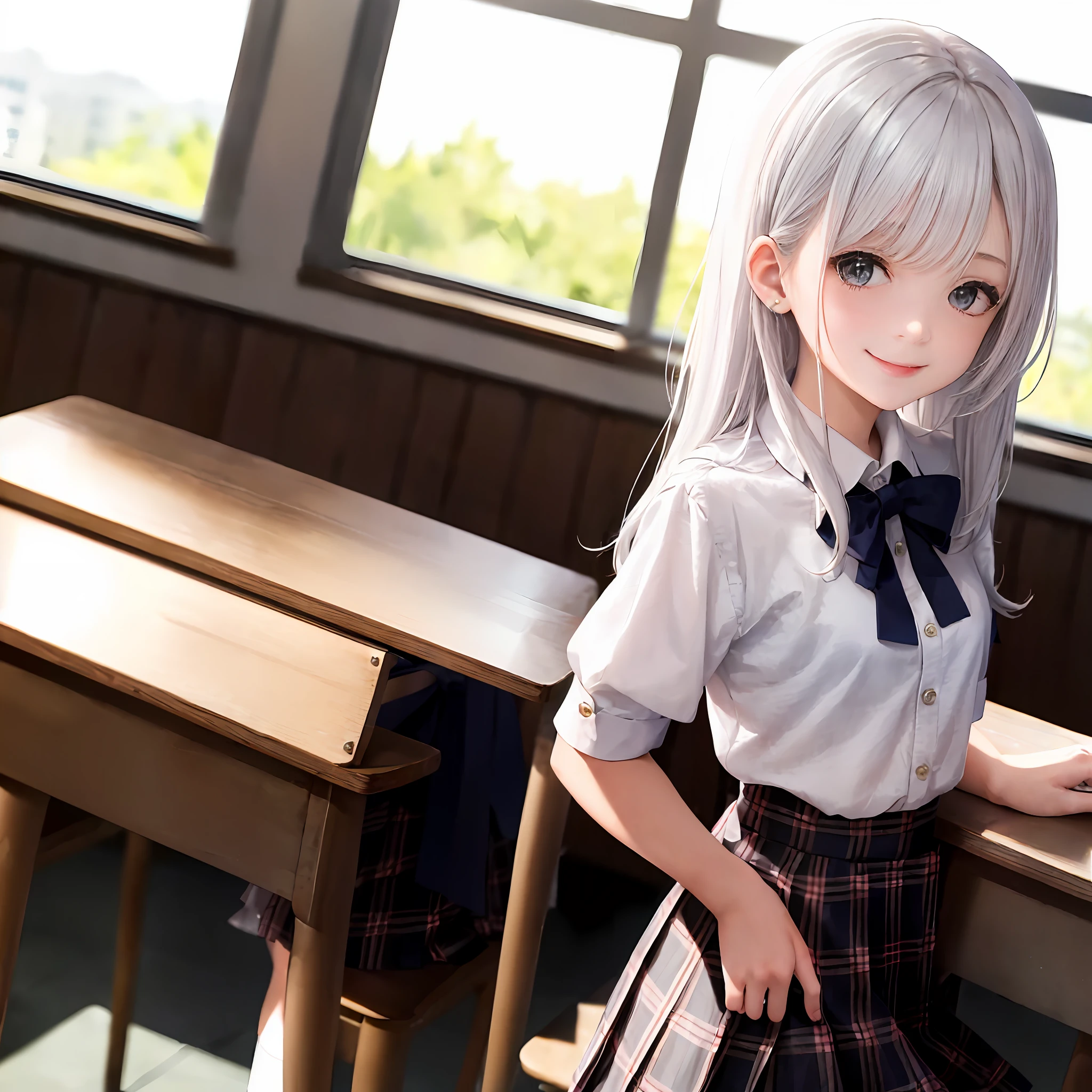 1girll, (Masterpiece:1.1), (Best quality:1.1), (White blouse:1.1), (checkered skirt:1.1), school uniform, high waisted skirt,White color hair,(Smile 1.1),(Classroom 1.1)