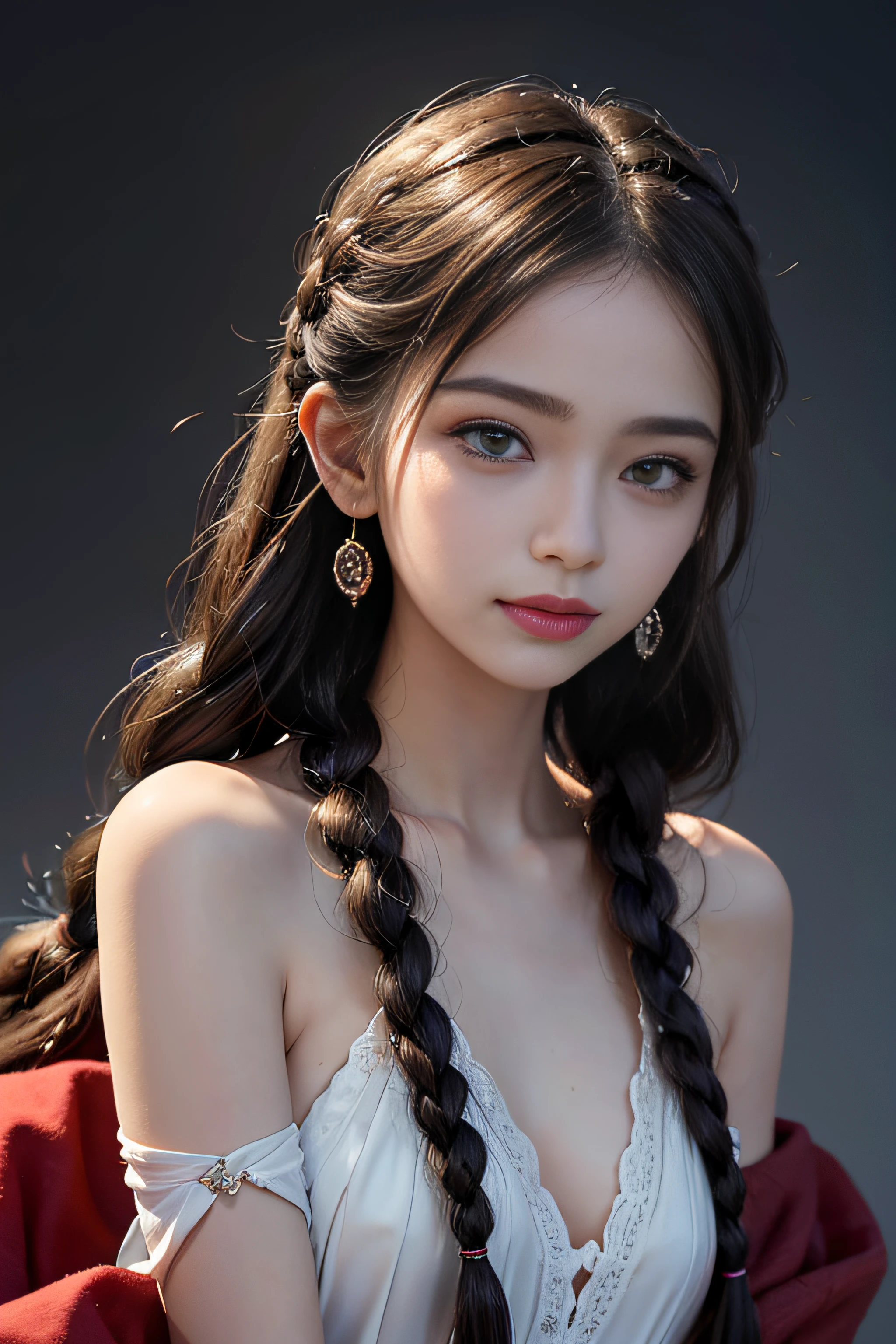1girll,realisticlying,It's really realistic,Melon-seed-shaped face,Colorful hair,rolling_eyes,ahgao,With your mouth open,Seductive smile,An expectant expression,Pure wind,Campus taste,perspired,A youthful breath,twin_braids,耳Nipple Ring,jewely,Willow-leaf-like eyebrows,Small cherry-like mouthfuls,Background with dark tones of solid colors,Cinematic light,8k,High-quality humans,Perfect collagen face。