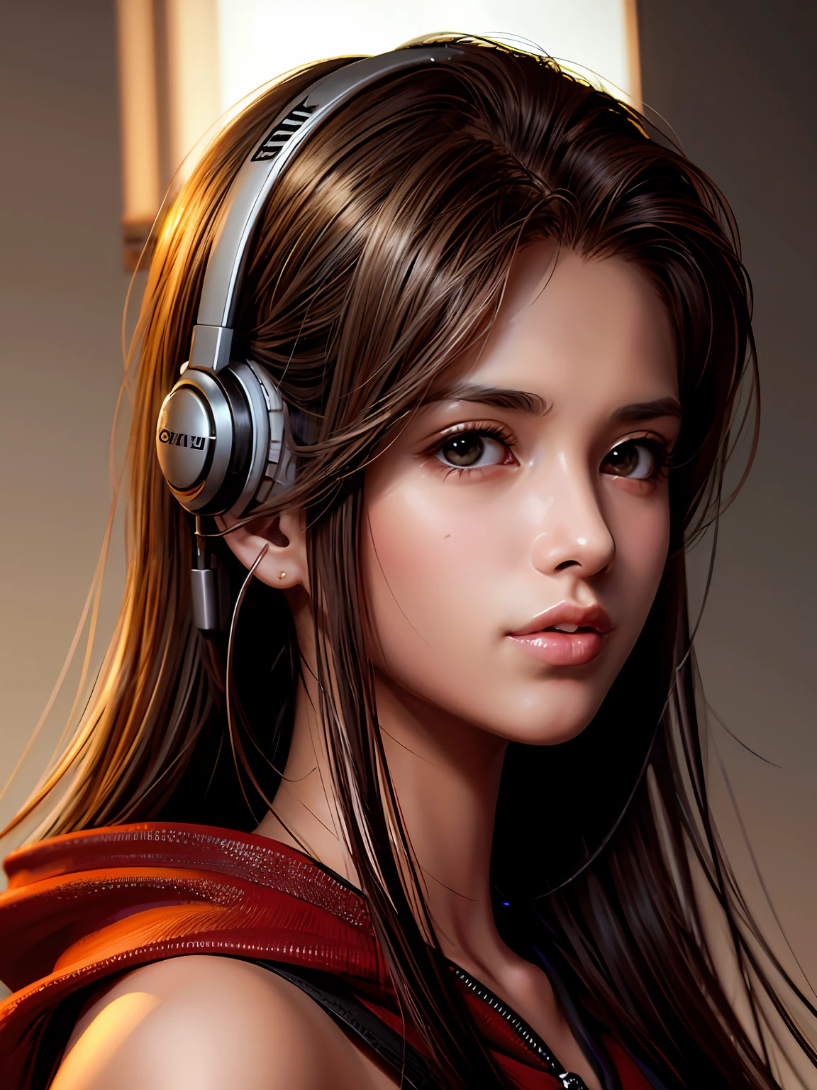 long straight dark brown haired gamer girl leaning into the camera, three-quarter headshot:1.2, lean body, fit body, photo from front above, dark red hoodie:1.2, straight hair, large leather gamer headphones:1.2, skintight black top:1.2, looking at viewer, realistic, 4k, cinematic lighting, perfect, soft lights, intricate details:1.2, high resolution skin:1.2, realistic skin texture, realistic face, perfect anatomy, lean girl, fit girl, sfw:1.2, jumper:1.2, hoodie:1.2, headphones:1.2