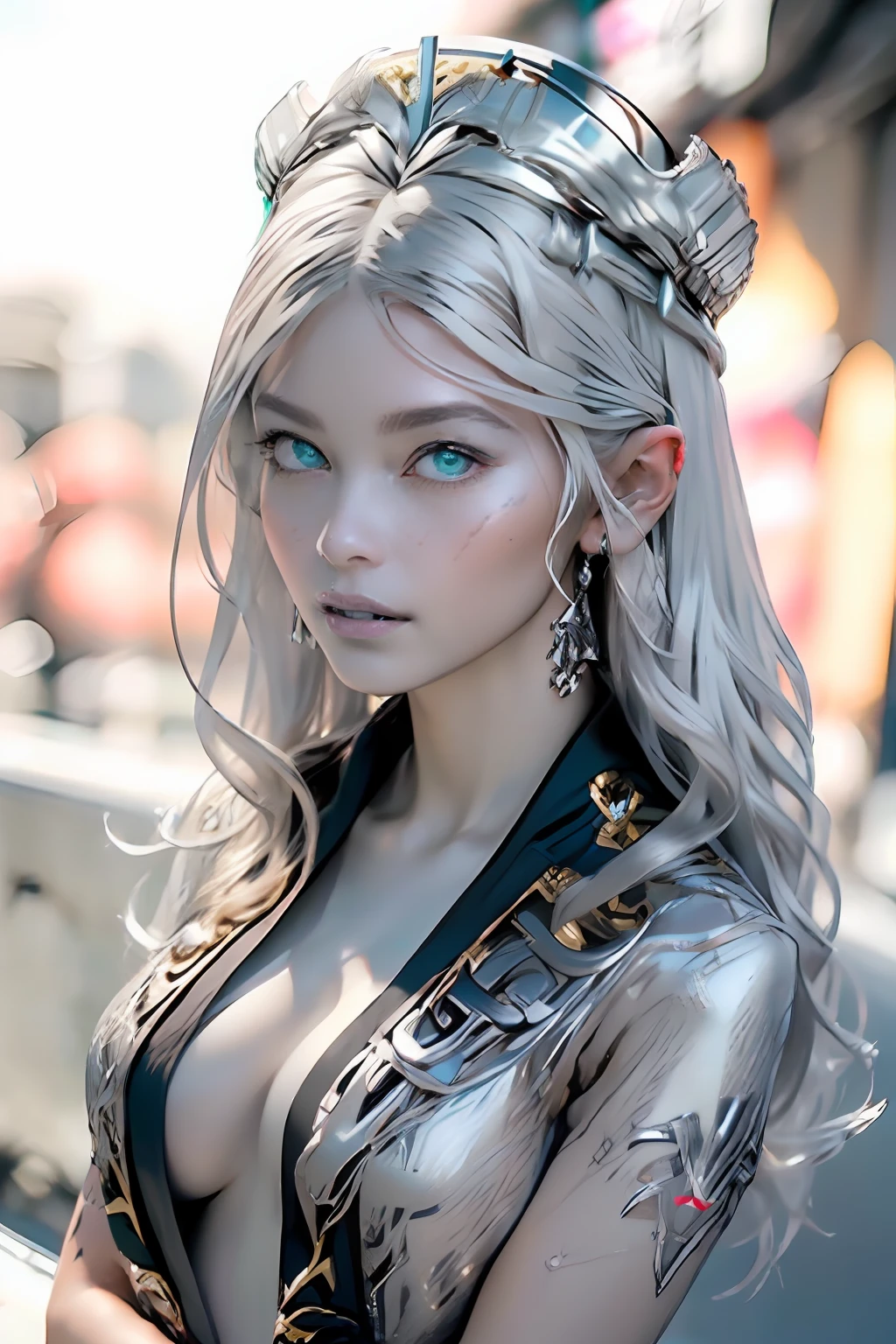 Ultra-detailed complex 3D rendering of the face, (masterpiece, top quality, octane rendering,), glamour shots full body image, very beautiful young elves, cleavage, (highly detailed skin: 1.2), (exposure: 1.1), ((blue micro bikini: 1.95)))). , 8k, (((very soft breasts)), (((conspicuous large pink areola)), beautiful Caucasian woman with white skin with full soft breasts with big buttocks, one, long braided hair, big breasts, dynamic angles, (((huge breasts: 2.4)), ultra-realistic photos, ((((((silver hair)))), futuristic urban background, facial muscles, (((((detailed and glamorous silver crown)))), In the style of Marvel Comics, ArtStation Trends, Clear Focus, Intricate Details, Very Detailed, Detailed Green Eyes, Sharp Focus, Digital Rendering, Professional, Abs, Lip Gloss, Glossy Skin, Sexy Pose, Golden Tattoo All Over Body, Silver Pattern All Over Body, Silver Lame Skin, Gold Glitter Skin, Mansuji, Buttocks, Jeweled All Over the Body, with silver scales, silver hair,