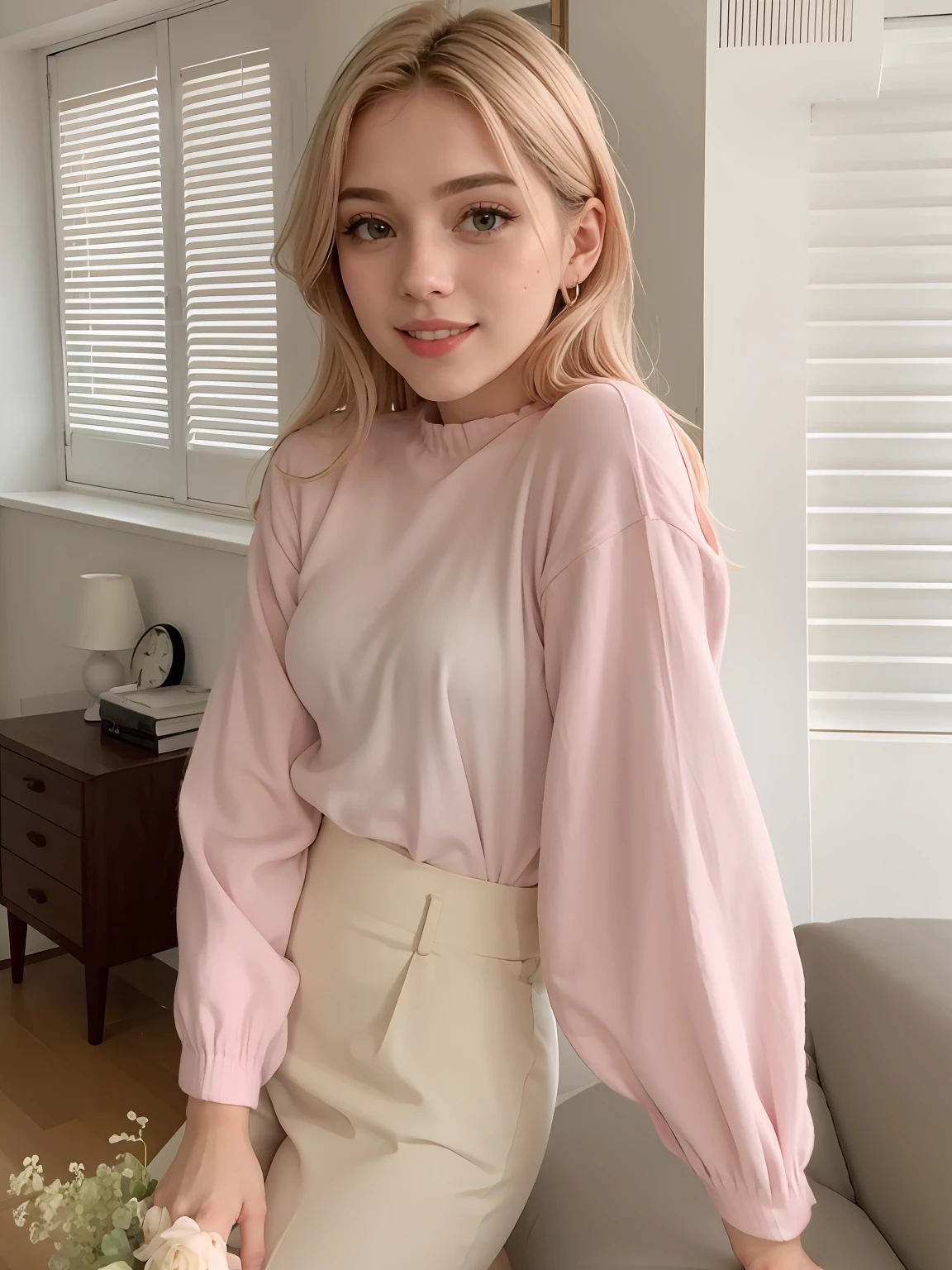 mulher loira em uma blusa rosa e saia branca segurando um bolo, mangas bufantes, usando uma blusa, mangas volumosas, roupas cor-de-rosa, vestindo uma camisa clara, Loose - blusas justas, camisa rosa, roupas pastel, feminine in cute pastel shades, tom de pele rosa pastel, look branco e rosa claro, rosa pastel, usando um top bonito, soft tones and pastels