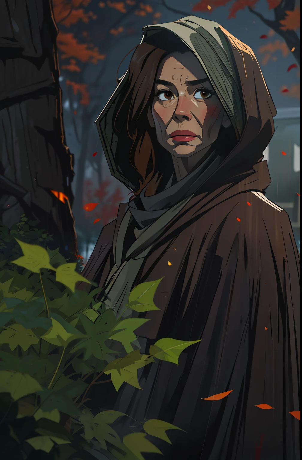 wing, hairlong, hood, fire, exteriors, brown-hair, knee boots, The Old House, from on the side, a tree, ivy, cloak, fuzzy, hood up, woods, gloves, Nature, brown eye, red gloves, squat sitting, closed mouth, Hooded raincoat, Early autumn, Depth of field, black footwear, red chestcoat 7K,A hyper-realistic, hyper-detailing, analog style, Woman over 60 years old, has mimic wrinkles, Dark hair;, wrinkles, 1.90 in height, An old battered cloak, detailed skin, Matte skin, soft-lighting, sub-surface Scattering, Realistic, Heavy shadow, Masterpiece, Best Quality, ultra realistis, 8K, the golden ratio, Intricate, high detail, Film photography, soft focus, witchy, Girl over 49 years old, in a cloak with a hood on his head, An old scarf, wrapped around the head, The wind steals the leaves, + Baba Yaga, standing next to a ruined houseDetailed appearance, Четкость 8 K, A huge loose rope weighs in front, A whirlwind of leaves beneath your feet, BREAK , Illustrate a monochromatic world, Use only shades of black, White & gris, To convey depth, Emotions and striking visual impact. Landscapes."street fighter", in the style of 0MIB, Ghibli, full detailed