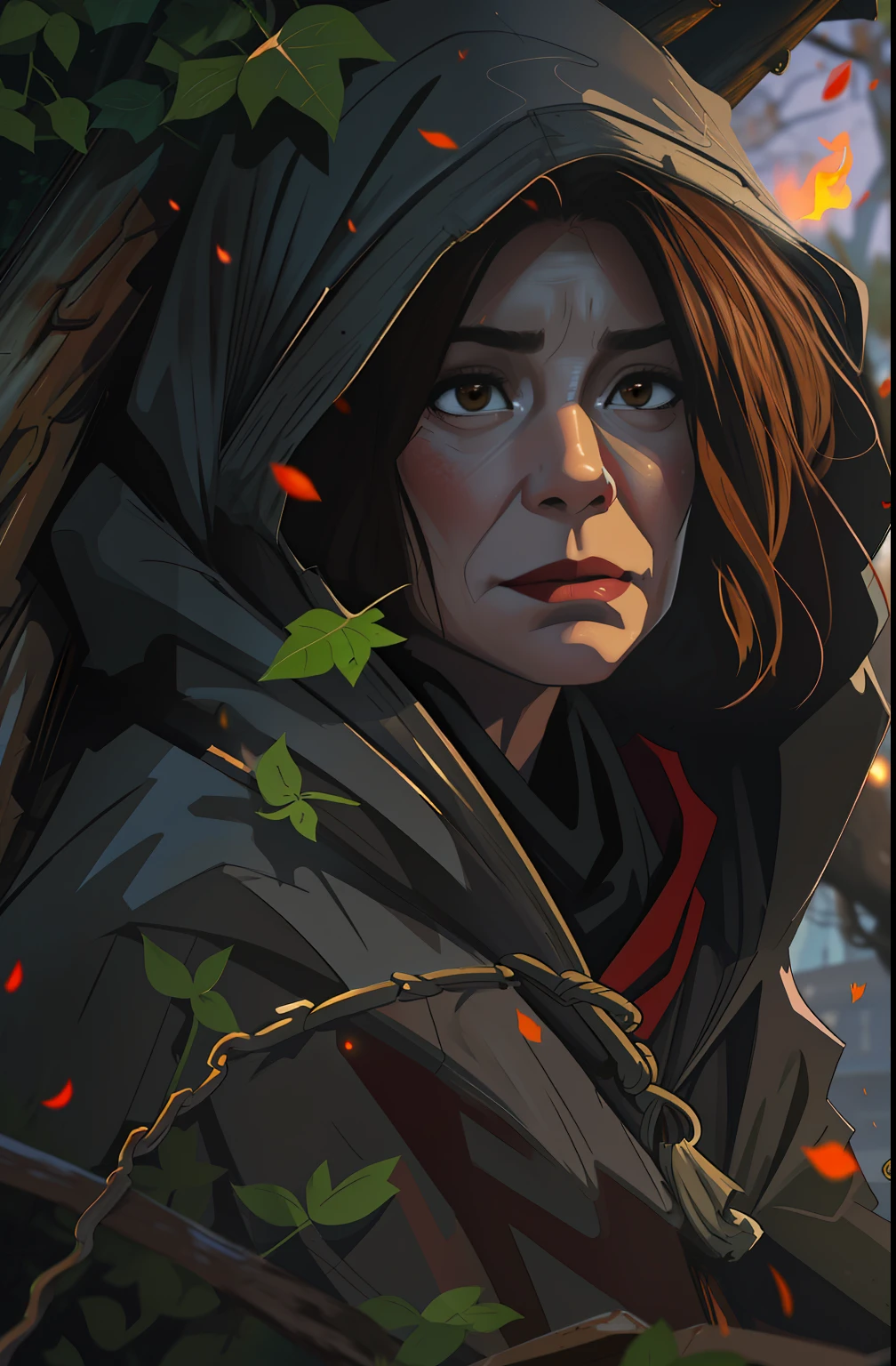 wing, hairlong, hood, fire, exteriors, brown-hair, knee boots, The Old House, from on the side, a tree, ivy, cloak, fuzzy, hood up, woods, gloves, Nature, brown eye, red gloves, squat sitting, closed mouth, Hooded raincoat, Early autumn, Depth of field, black footwear, red chestcoat 7K,A hyper-realistic, hyper-detailing, analog style, Woman over 60 years old, has mimic wrinkles, Dark hair;, wrinkles, 1.90 in height, An old battered cloak, detailed skin, Matte skin, soft-lighting, sub-surface Scattering, Realistic, Heavy shadow, Masterpiece, Best Quality, ultra realistis, 8K, the golden ratio, Intricate, high detail, Film photography, soft focus, witchy, Girl over 49 years old, in a cloak with a hood on his head, An old scarf, wrapped around the head, The wind steals the leaves, + Baba Yaga, standing next to a ruined houseDetailed appearance, Четкость 8 K, A huge loose rope weighs in front, A whirlwind of leaves beneath your feet, BREAK , Illustrate a monochromatic world, Use only shades of black, White & gris, To convey depth, Emotions and striking visual impact. Landscapes."street fighter", in the style of 0MIB, Ghibli, full detailed