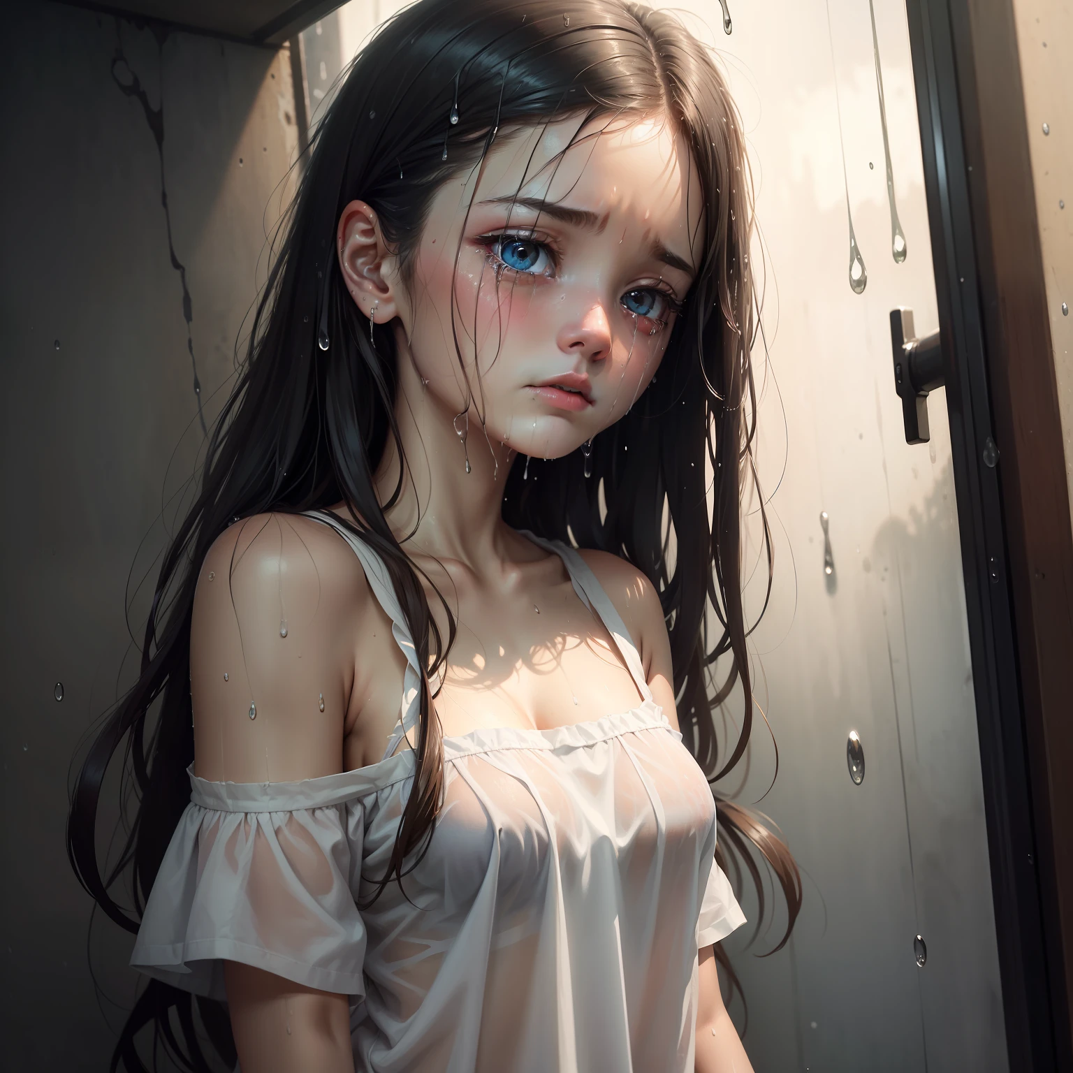 best quality, masterpiece, ultra resolution, (fidelity:1.4), photos, 1 pure girl, [(sad)], white shirt, dim, darkness, despair, pity, pity, movie, tears, teardrops, (torn clothes: 1.5), (wet clothes: 1.4), bare shoulders, real rain, wet hair,..