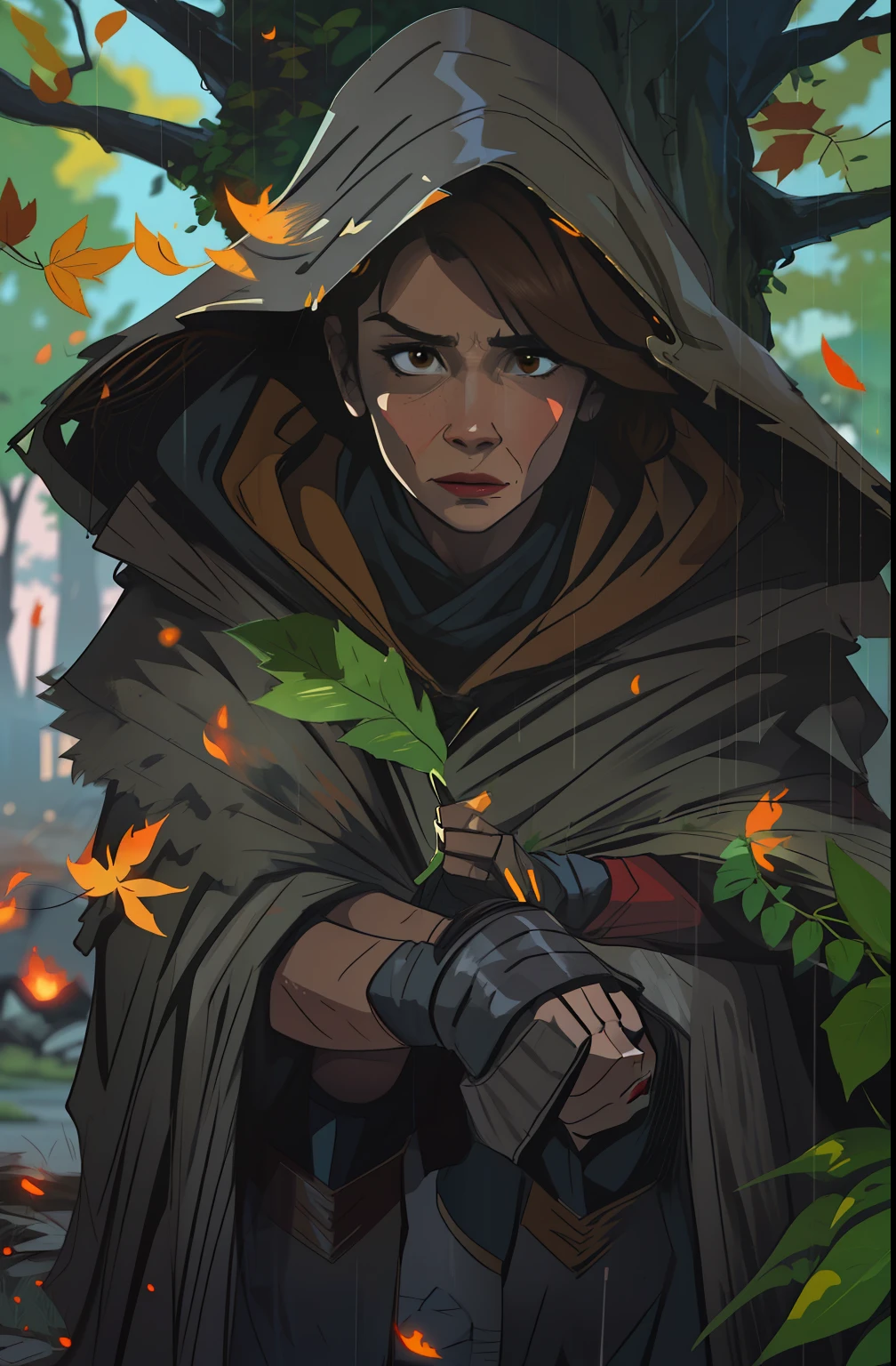 wing, hairlong, hood, fire, exteriors, brown-hair, knee boots, The Old House, from on the side, a tree, ivy, cloak, fuzzy, hood up, woods, gloves, Nature, brown eye, red gloves, squat sitting, closed mouth, Hooded raincoat, Early autumn, Depth of field, black footwear, red chestcoat 7K,A hyper-realistic, hyper-detailing, analog style, Woman over 60 years old, has mimic wrinkles, Dark hair;, wrinkles, 1.90 in height, An old battered cloak, detailed skin, Matte skin, soft-lighting, sub-surface Scattering, Realistic, Heavy shadow, Masterpiece, Best Quality, ultra realistis, 8K, the golden ratio, Intricate, high detail, Film photography, soft focus, witchy, Girl over 49 years old, in a cloak with a hood on his head, An old scarf, wrapped around the head, The wind steals the leaves, + Baba Yaga, standing next to a ruined houseDetailed appearance, Четкость 8 K, A huge loose rope weighs in front, A whirlwind of leaves beneath your feet, BREAK , Illustrate a monochromatic world, Use only shades of black, White & gris, To convey depth, Emotions and striking visual impact. Landscapes."street fighter", in the style of 0MIB, Ghibli,  full detailed
