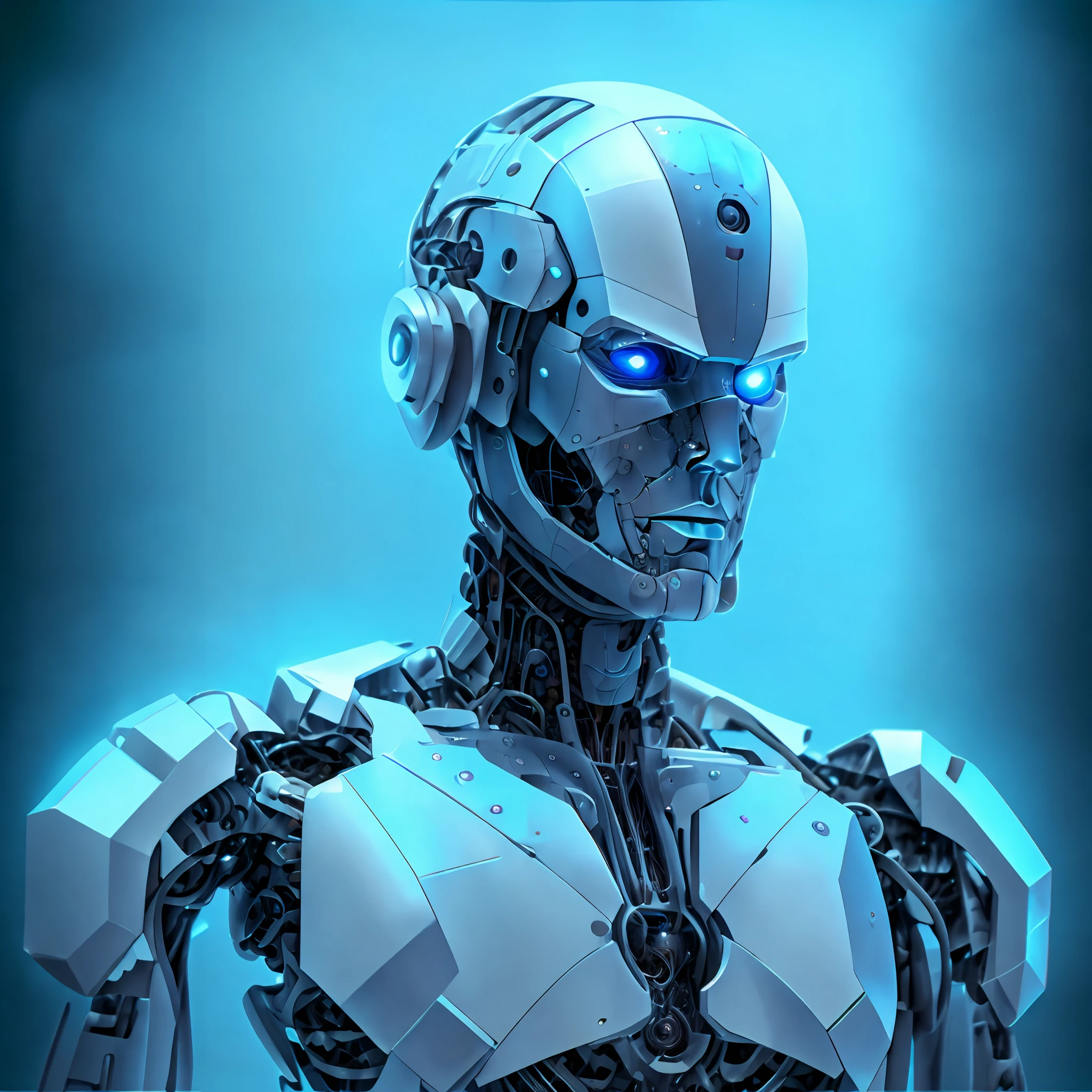 A closeup of a robot with blue eyes and a white body, portrait of a futuristic robot, humanoid robot close up, robot with human face, futuristic robot, white robot, cyborg robot, friendly humanoid cyber robot, humanoide detalhado, Retrato do humanoide masculino, cyborg robot wearing vr headset, robot cyborg, strong artificial intelligence, futuristic robot body, ciborgue macho