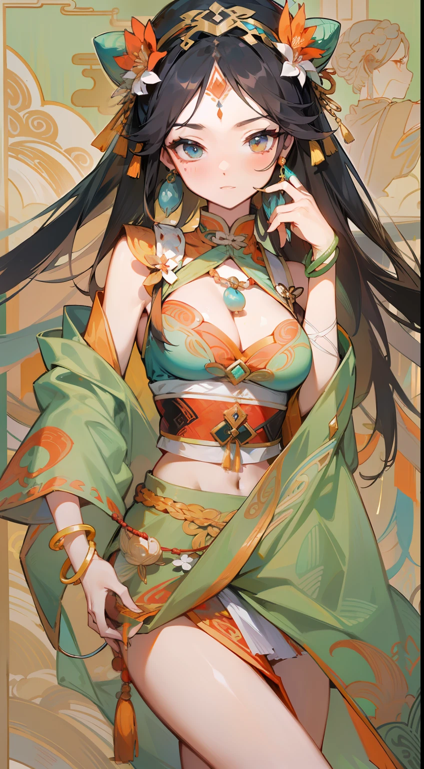 An ancient Chinese beauty, dancing, gorgeous costumes embroidered with complex embroidery, transparent long colored streamers tied on her arms, elegant, exposed belly button, bare shoulders, exposed neck, wreath, black hair bun and flower hairpin headband, Armbands are tied with ribbons, bracelets, anklets, metal chain tassels around the waist, Mogao Grottoes art, inspiration from Dunhuang Flying Apsaras murals, ink wash, cgstation pop --v 6