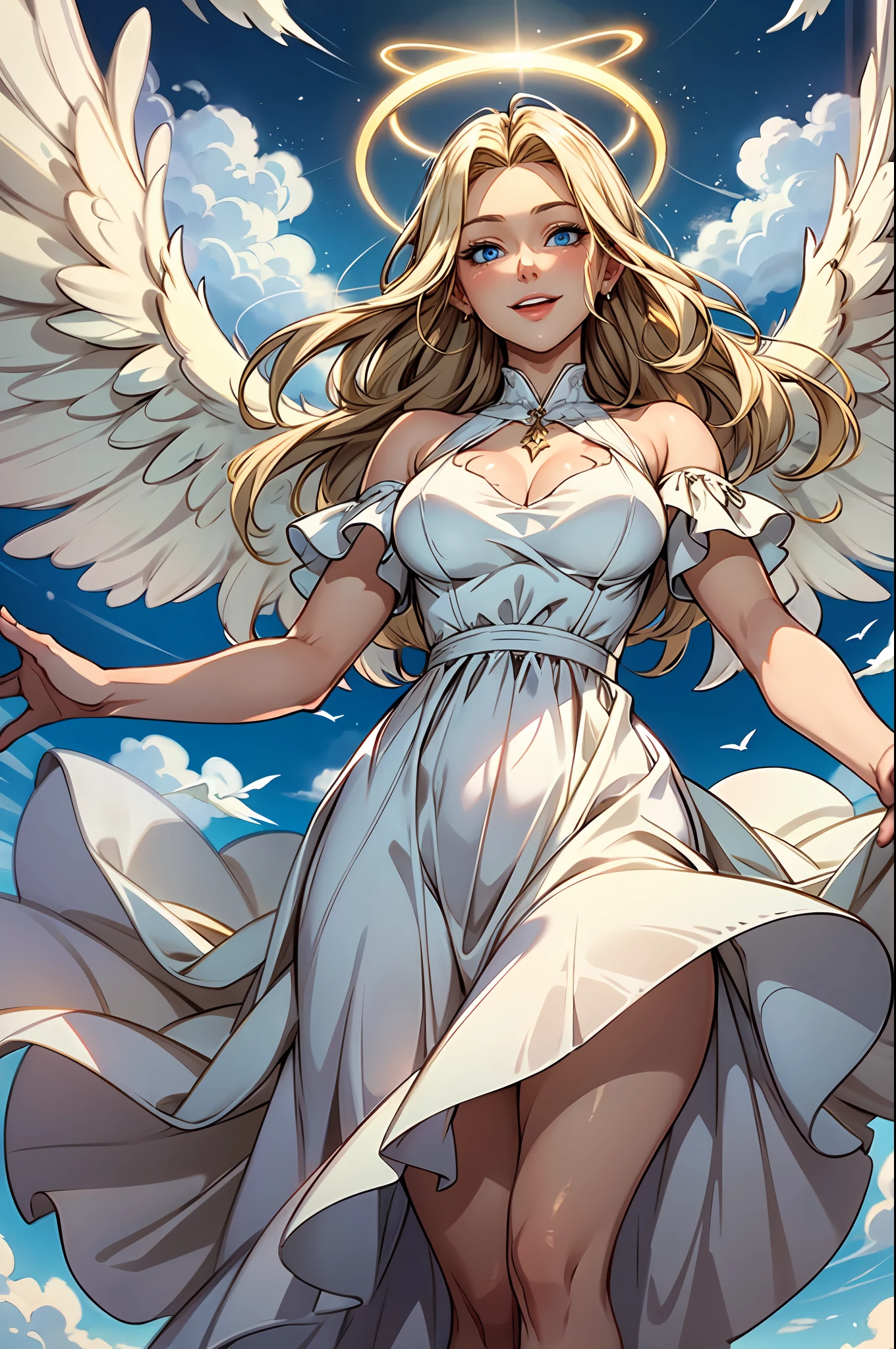 woman, (mature:1.3), angel wings, halo, flying in the sky, floating, white dress, angel coming down from the clouds, blonde hair, blue eyes, happy, welcoming,