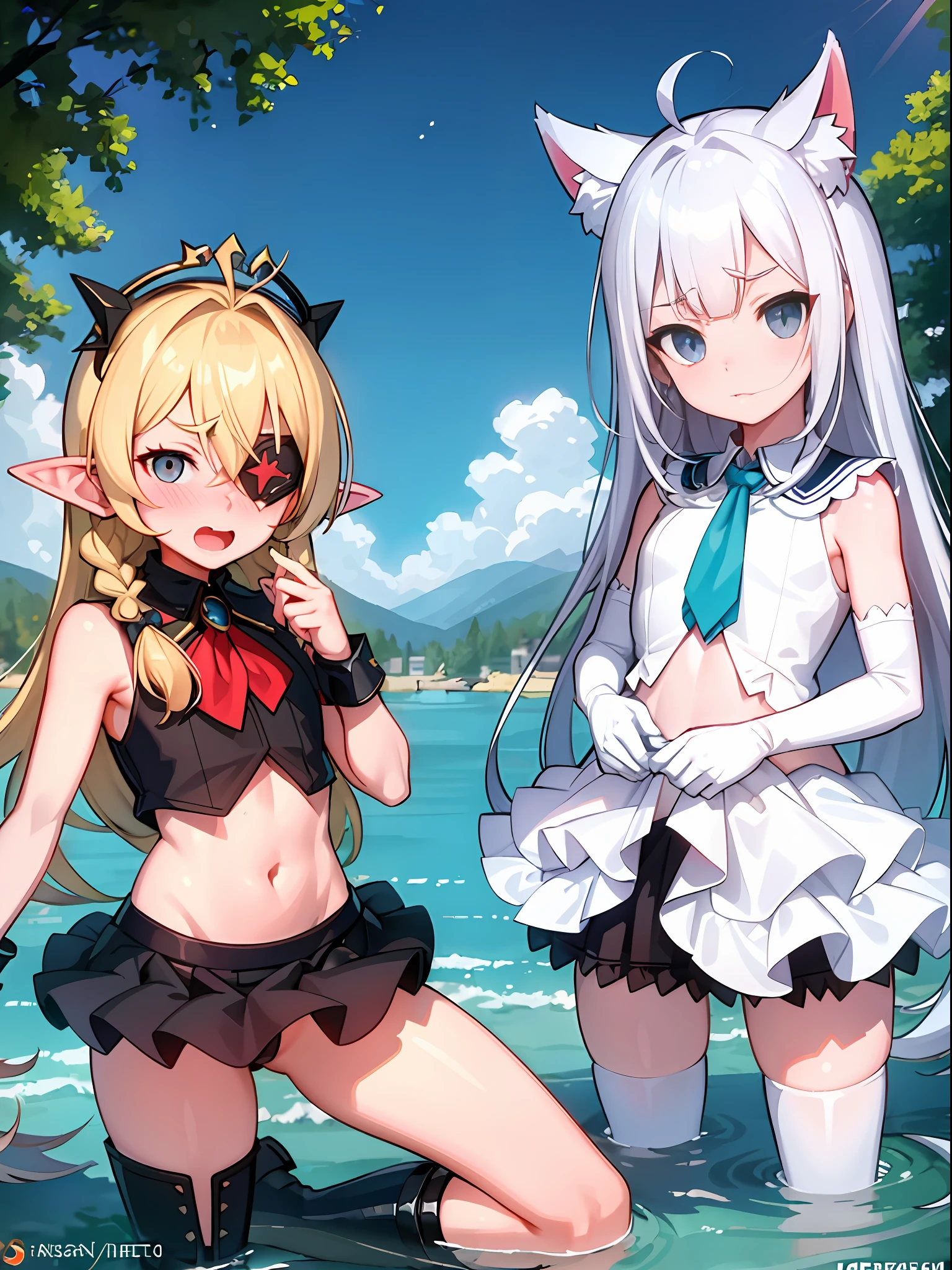 (((((kid))))), overlook view, up looking_で_viewer, zoom in on eyes, Head_tilt, Transformed body, girl,Woman,Female, 年轻,20 years old, Long hair, hair messy, Parted bangs, Long bangs, Twin braids, Undercut, wavy silver hair, beautiful detailed Glass hair, Antenna Hair, beautiful detailed cold face, embarrassed, Red Dragon Eye, wolf_Ears, Open_Mouth, Bare arms, Human Hands, medium chest circumference, Midriff, , grey eyes, White skin, Gemological ornaments, Highly detailed gorgeous tiara, an eye patch, neckerchief, Wings, gloves, food, furr_trim, Collared_Shirt, Thigh_long boots, sox, polka_dots, Blonde clothes, in ruins, willows with branches falling into the water, Transparent_Background, Farbe_aberration, Reference Sheet, absurderes, hight resolution, low resolution,, masutepiece, acurate, Anatomically correct, Textured skin, Super Detail, high detailing, High quality, awardwinning, Highest Quality, High Definition, 1080p, hard disk, 4K, 8K, 16 K