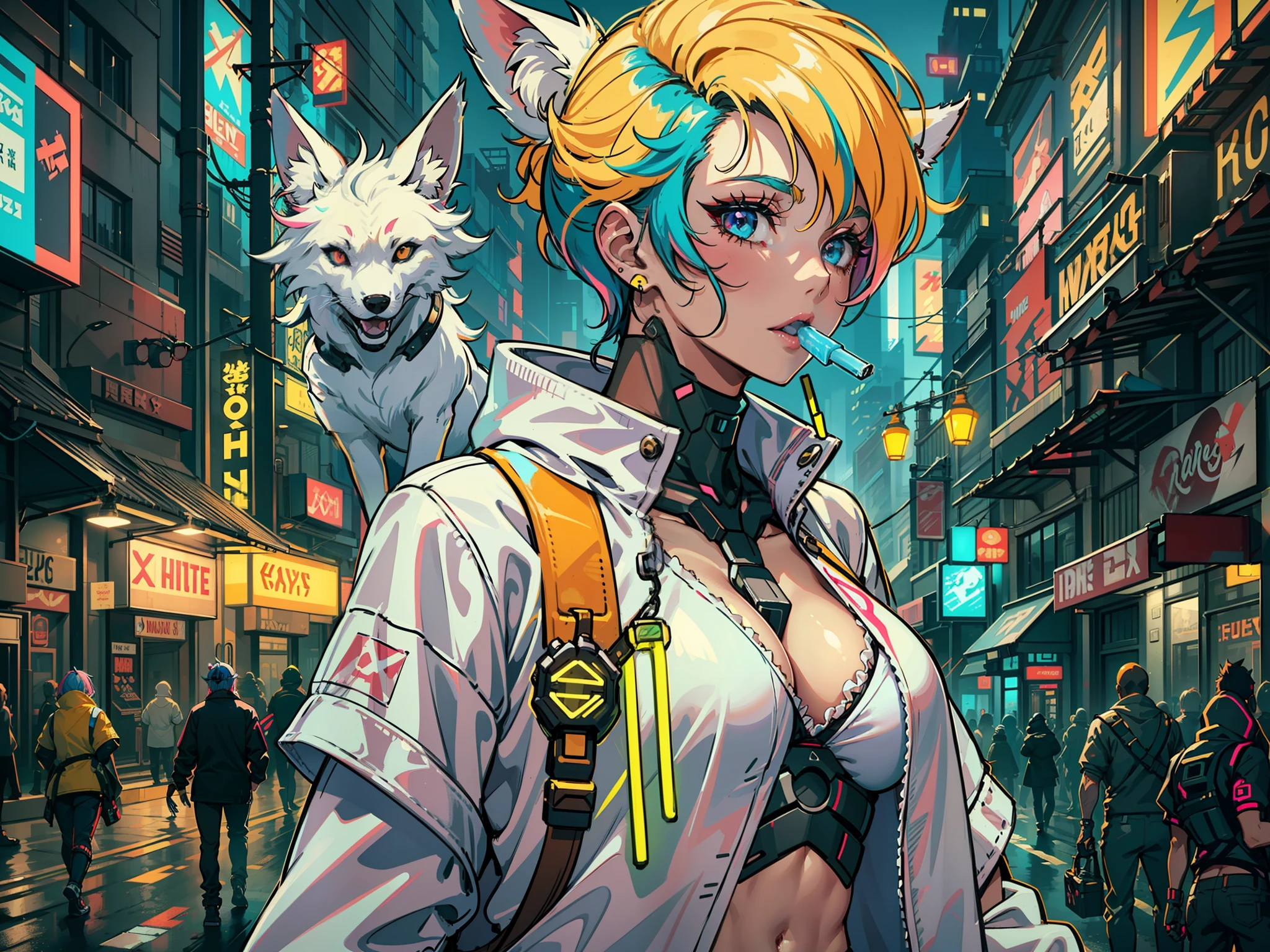"A woman with vibrant neon pink blue hair, adorned with artificial fox ears and mechanical fox tails, donning futuristic white attire accentuated with neon highlights. She is strolling amidst the bustling cyberpunk city streets I'm eating cyber ice cream"