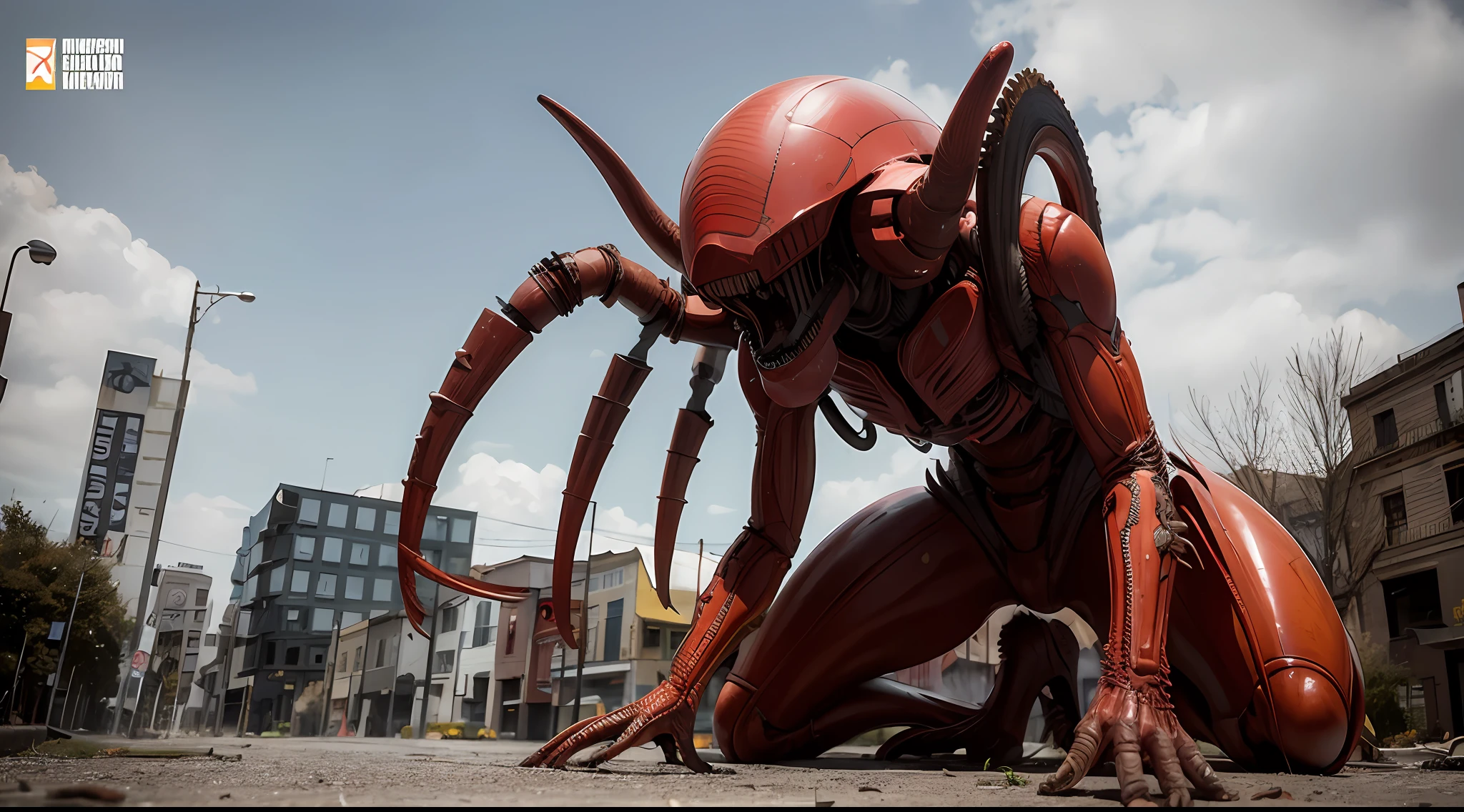 "Yellow and red spider, xenomorfa gritando en una ciudad abandonada y en ruinas" --auto