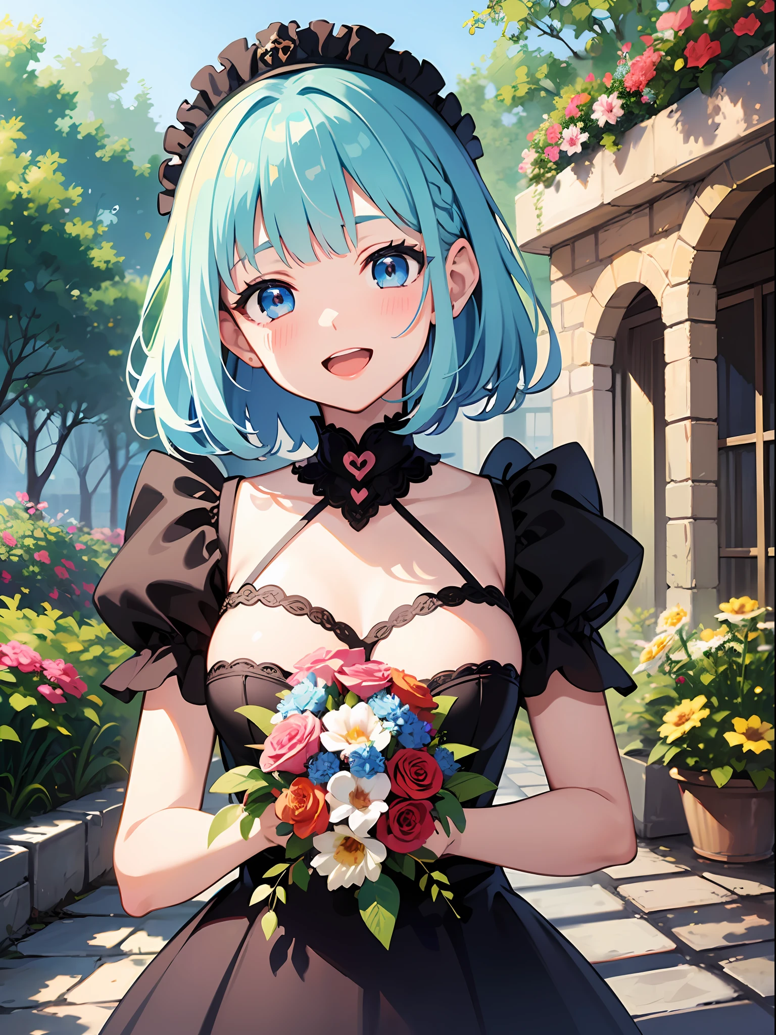 (masterpiece:1.3), (best quality:1.3), high resolution,
couboy shot,
leaning forward, body facing forward,
(one cute girl:1.3), solo,
white skin, small Breast, eight-headed person,
light blue hair, (bobbed hair:1.2), (short hair:1.2), (blunt bangs:1.2), beautiful hair, blue eyes, beautiful detailed eyes,
blush, open mouth, heart, cheerful smile,
(bouquet:1.1), frill, black dress,
outdoors, flower garden, natural park,
shadowlighting,