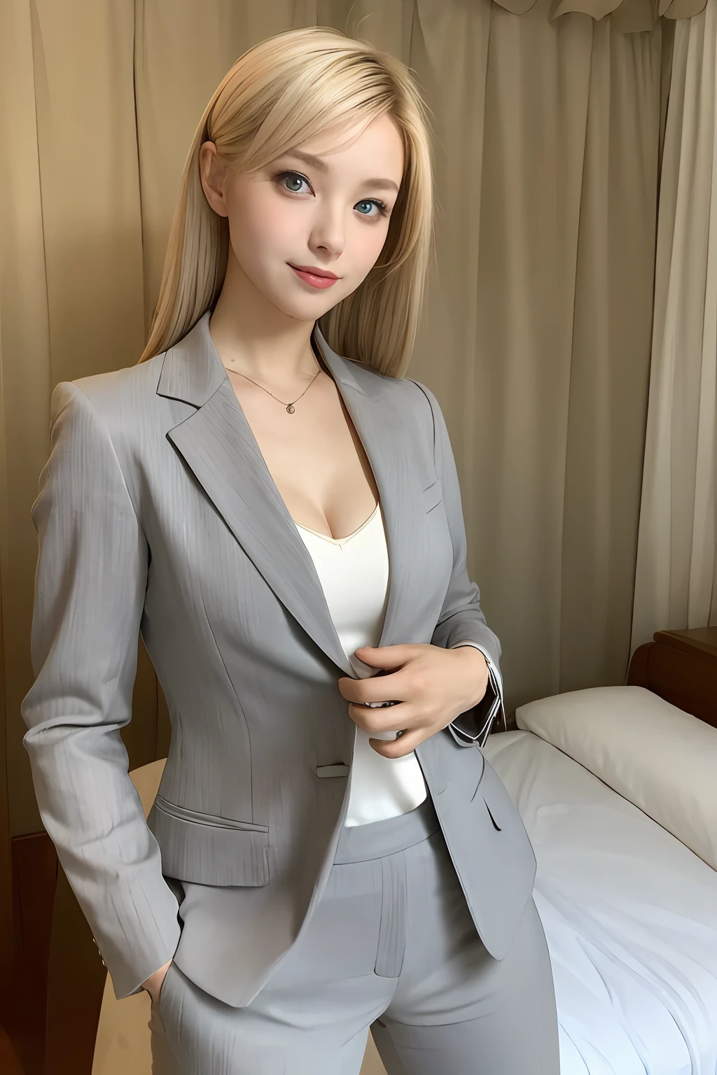 Business suit，Men's suits，A woman of beauty in a fantastic space, blazer jacket，Tight micro dress white and gold color, 98k, {{Masterpiece}}, Best quality, High quality:1.4), onbed，{{[[front look}}, Photo pose)]], very pretty look face, and very pretty eyes, cute images, cute images, {{Expose the lateral breasts}},, {{{{slim sexy body}}}}, {{{{{{Tall woman}}}}}}, {{177 cm tall}}, 独奏, upper legs, Lovely, Adorable, Pale skin, {{18to 22 years old German girl}}, look beautiful German girl and blue eyes or green eyes with platinum blonde hair color), Nordic German young girl, {{{{{{{{{{cleavage}}}}}}}}}},