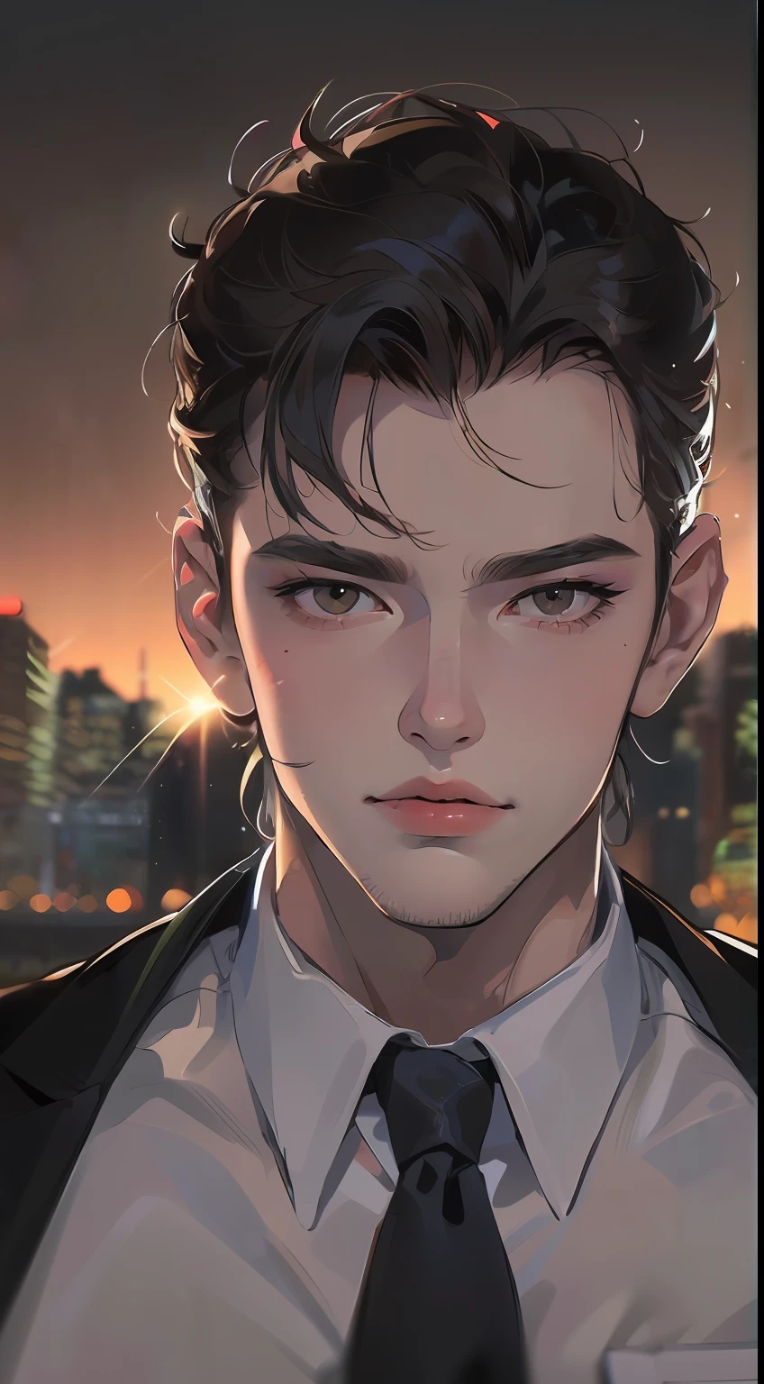 (absurdres, highres, ultra detailed, realistic, ), 1 male, solo, adult, mature, tall muscular guy, broad shoulders, handsome, very short hair, black hair, brown eyes, angular jaw, thick neck, thick eyebrows, night, dark, the night view of the city background, formal suit, necktie, upper body