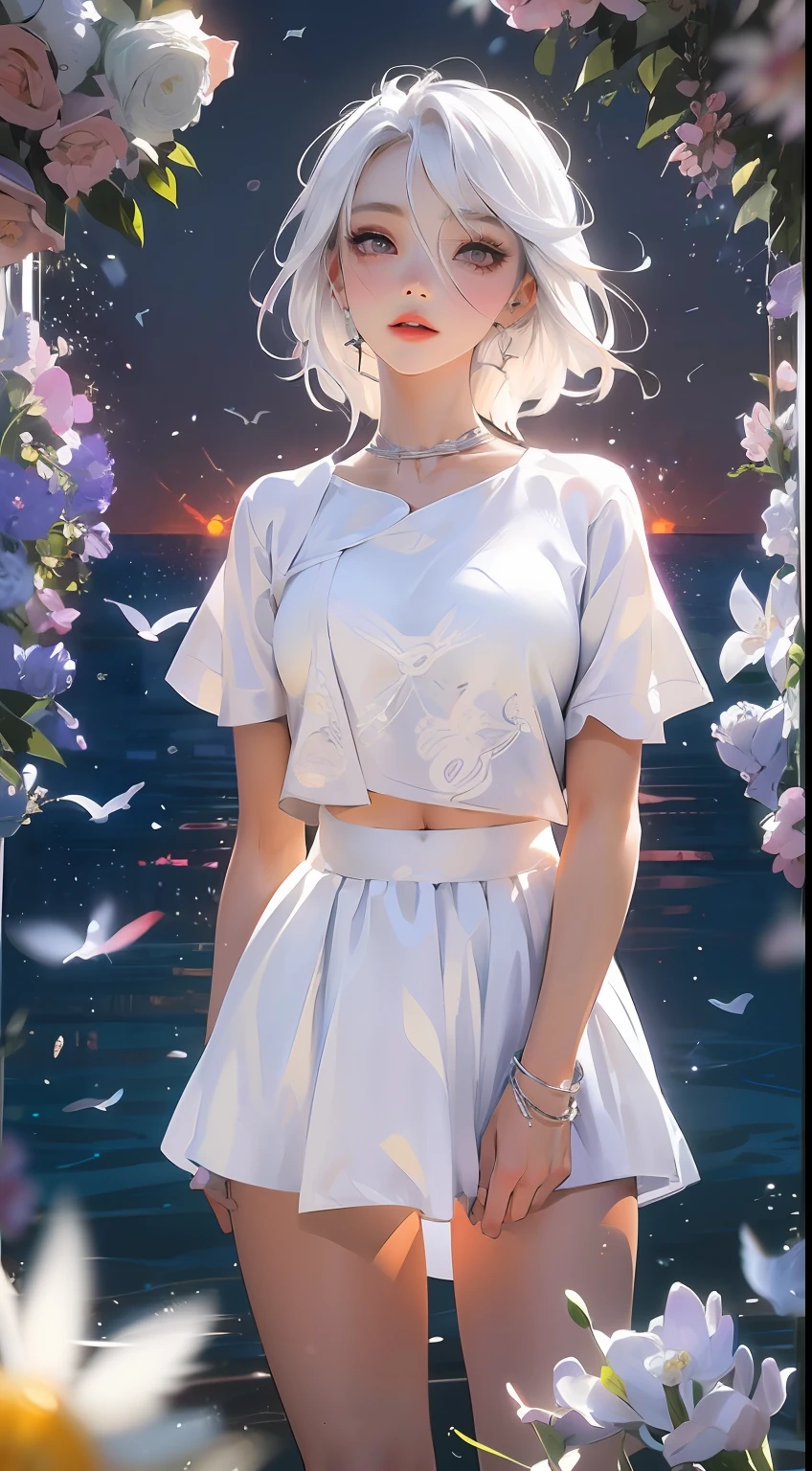 Realistic, 1girl, white hair, purple eyes, glowing eyes, cropped top, skirt, parted lips, blush, night, flowers, sun, sunlight, white skirt, short skirt, medium length hair, real, warm colors, white short Dress, white clothes, light background color, day environment, bright color background, saudi, ocean, cute,