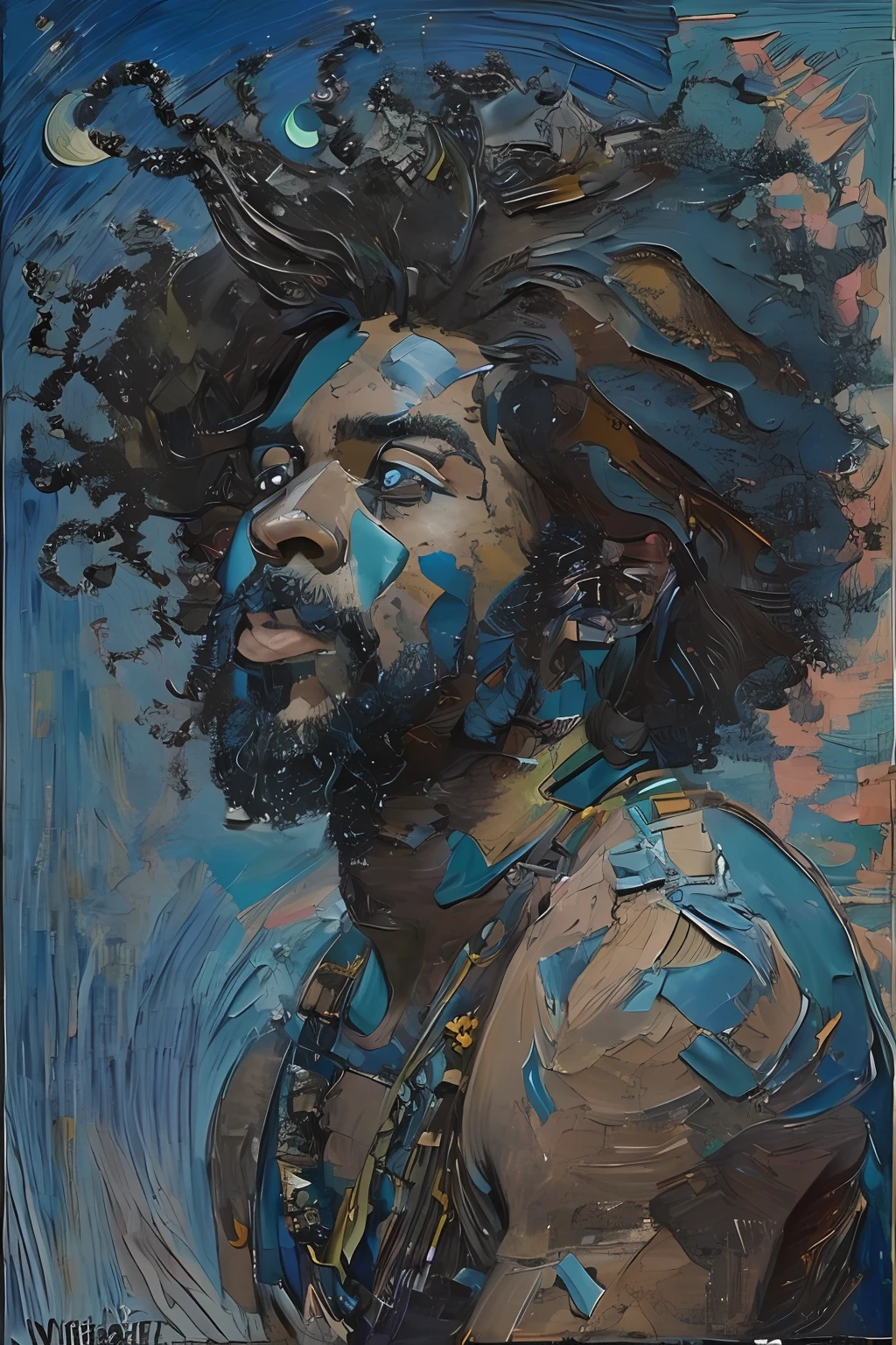 afrofuturist masterpiece, , ((bold acrylic panting )), high quality, masterful composition, best quality, 31 Y.O. man, at a festival, he is thick and strong, boho, smiling, kind eyes, clear eyes, full body pose, action shot, dancing, (detailed skin texture:0.7), dark scene, accent lighting, curly hair, (at night), at night, full moon in the sky, windblown hair, muted colors, camping, (blue )((triadic complementary color scheme)), (nsfw:0.6)