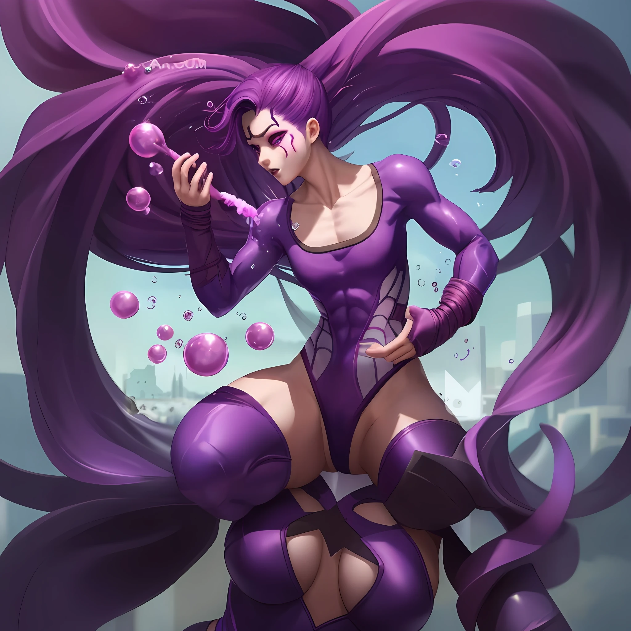 Close up portrait of woman in purple costume holding bubbles, very detailed Artgerm, artgerm lau, Style ArtGerm, trending artgerm, artgerm style, ig model | ArtGerm, Stephen Arjeam Four, range murata and artgerm, as seen on artgerm, style of artgerm