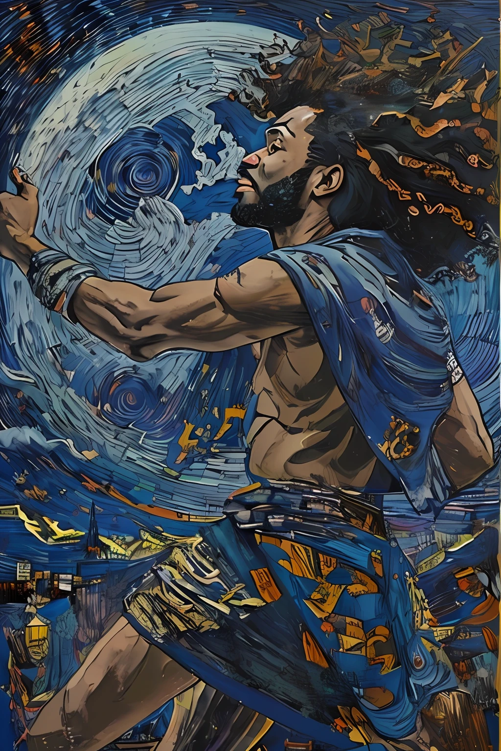afrofuturist masterpiece, , ((bold acrylic panting )), high quality, masterful composition, best quality, 31 Y.O. man, at a festival, he is thick and strong, boho, smiling, kind eyes, clear eyes, full body pose, action shot, dancing, (detailed skin texture:0.7), dark scene, accent lighting, curly hair, (at night), at night, full moon in the sky, windblown hair, muted colors, camping, (blue )((triadic complementary color scheme)), (nsfw:0.6)