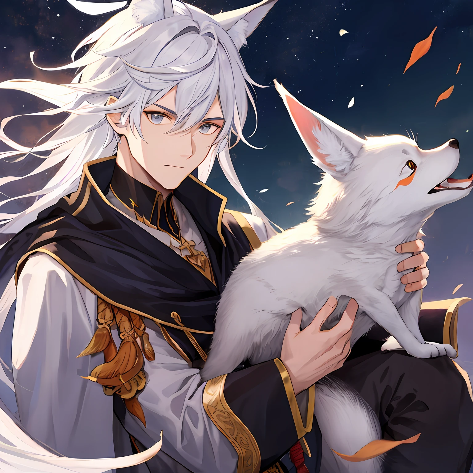 Superb boy with white hair sideways holding a fox