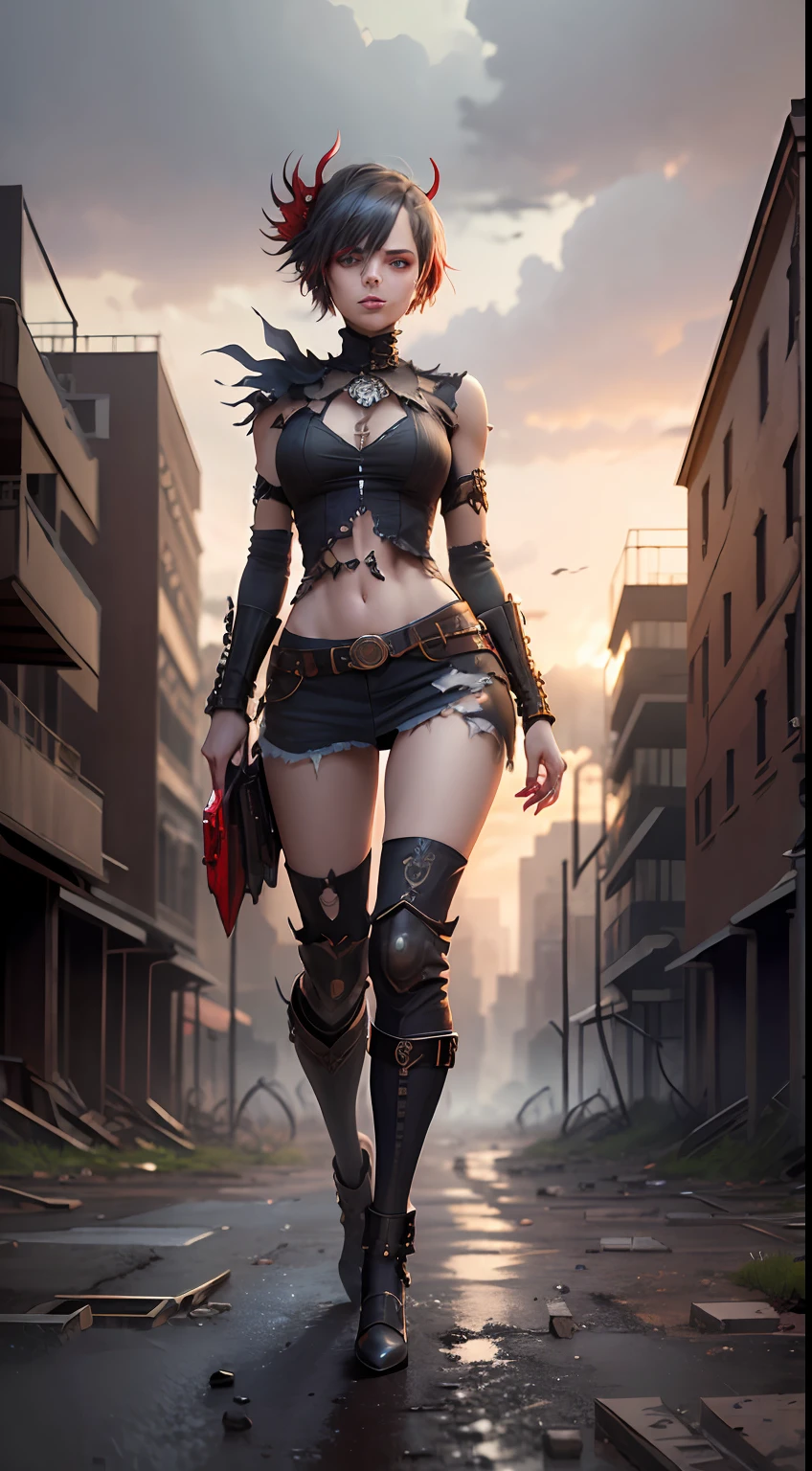 Gray sky, best quality, rich colors, battlefield, city ruins in the distance, dilapidated buildings, 1 woman, (anatomically correct), ((hands behind back))), short hair, (((torn clothes))), ((red glowing eyes))), broken headdress, extremely detailed face, smile, looking up at the camera, (full body), HDR, dramatic, cinematic lighting, (realism: 1.4), absurdity, surrealism, steampunk, intricate design, exquisite details，