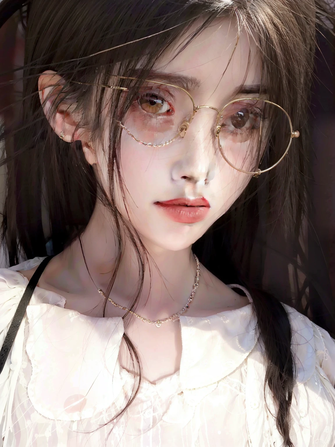 There was a woman wearing glasses and a necklace holding an umbrella, With glasses, ulzzangs, Korean girl, wearing small round glasses, dang my linh, a girl with round glasses, wearing round glasses, wearing thin large round glasses, Choi Hyun-hwa, Profile image, xintong chen, jaeyeon nam, large round glasses, 18 years old