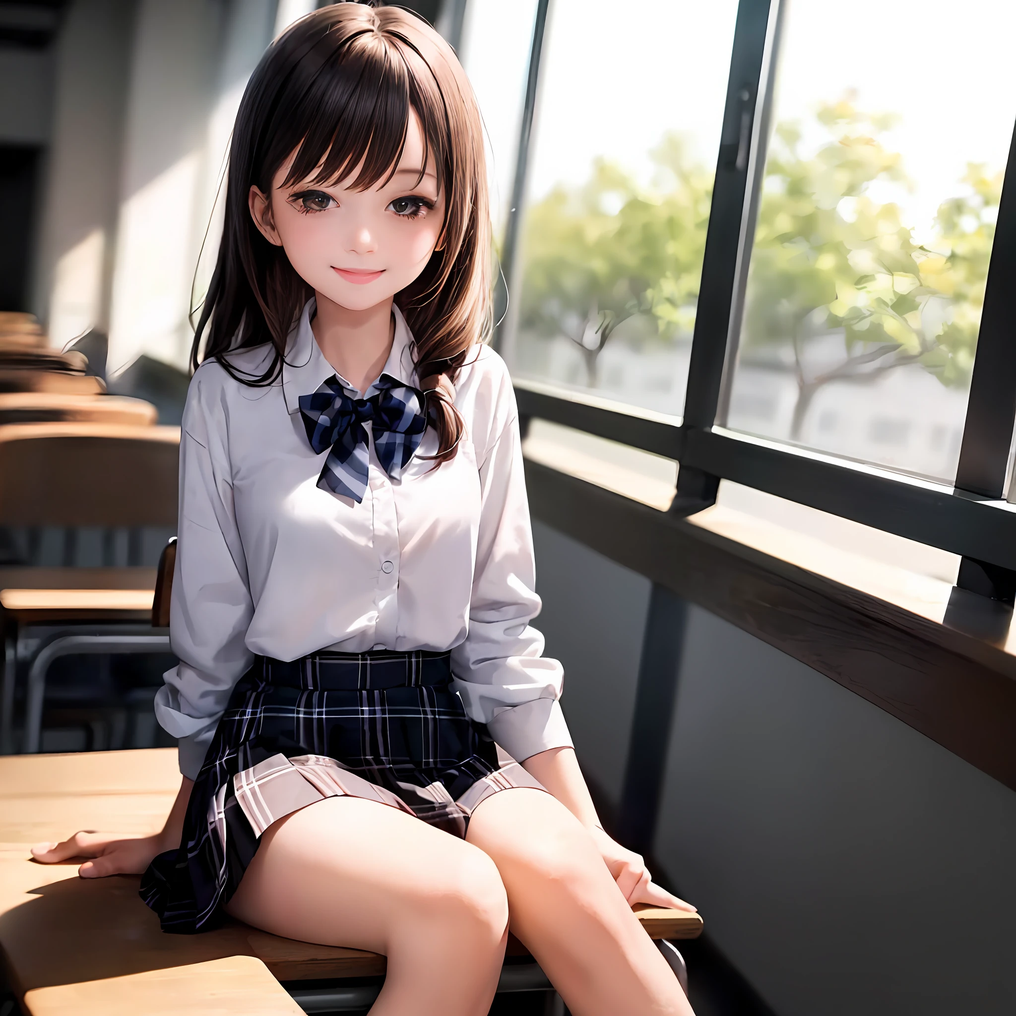 1girll, (Masterpiece:1.1), (Best quality:1.1), (White blouse:1.1), (checkered skirt:1.1), school uniform,Sitting in a classroom and smiling alone，（Classroom 1.1），（smile1.1）