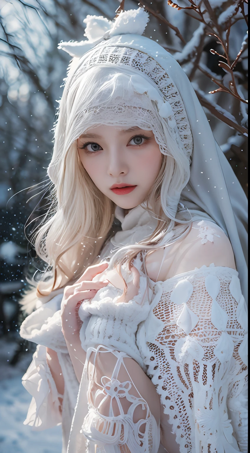 （8K， RAW photos， best qualtiy， tmasterpiece：1.2），（realisticlying， photograph realistic：1.4)，largeeyes，
ta costume，Lace， Squat，(Cloak，do lado de fora，Cover with snow，snowfield)， high high quality， highdetailskin， looking at viewert，the rule of thirds