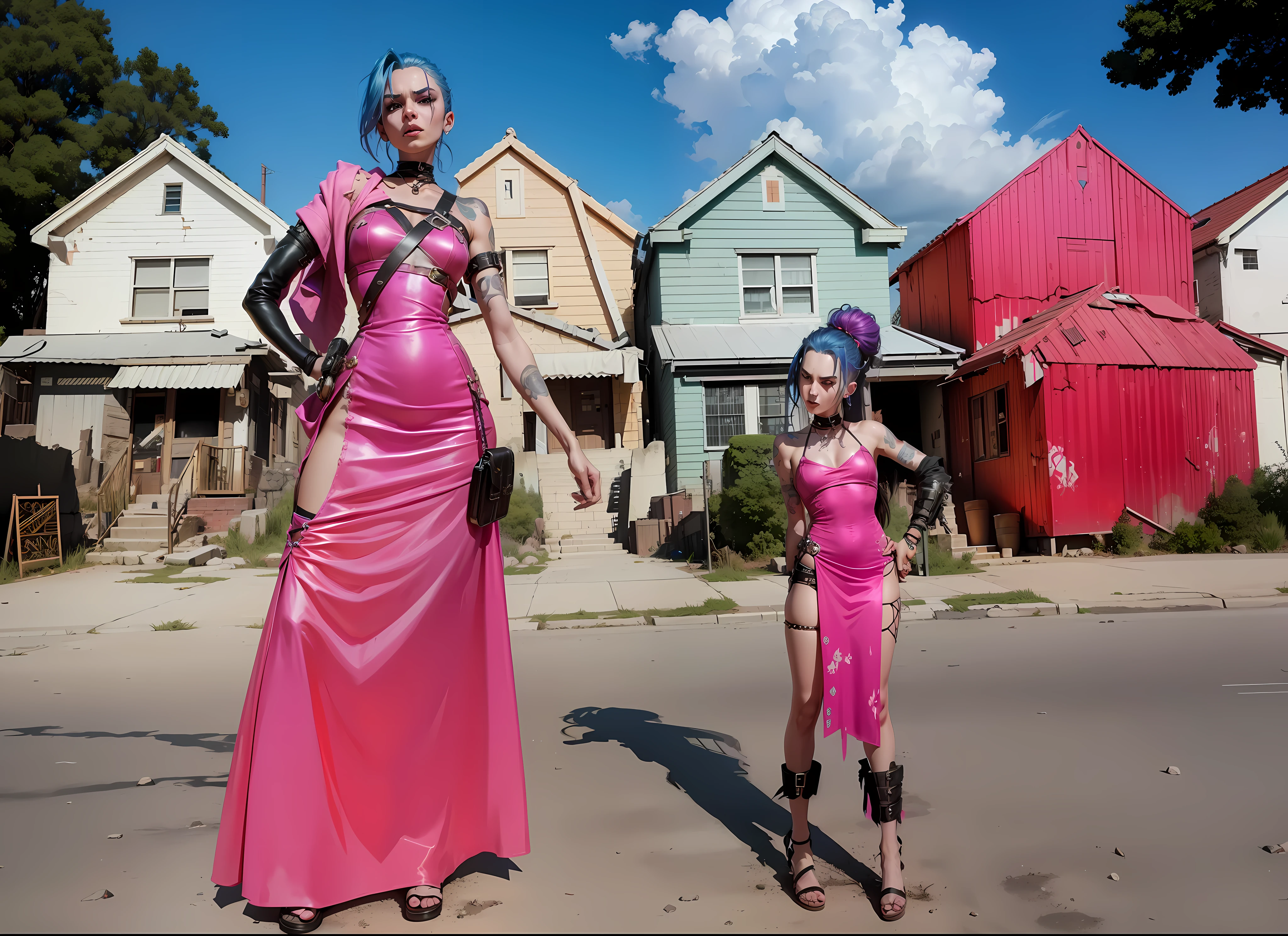 ((Best quality)), ((masterpiece)), (highly detailed:1.3), 3D, arcane style,In the dark and courageous dystopian city of Piltover, plagued by violence and divided into two opposing factions, a young prodigy named Jinx emerges. Having endured unimaginable loss and abandonment, she embraced a life of chaos and destruction. Known for her inventive and explosive abilities, Jinx becomes an icon of rebellion against the oppressive forces that control the city. However, haunted by guilt and battling inner demons, she must confront her past and decide whether to continue on the path of anarchy or seek redemption amid the turmoil. Explore Jinx's journey as she navigates a treacherous world, fighting for survival, unlocking secrets, and discovering the true meaning of her twisted existence, chaos reigns supreme, and at the center of it all is Jinx, the embodiment of unpredictability. Delve deep into Jinx's twisted mind, exploring the origins of his madness and the driving force behind his destructive nature. Unravel the moments that shaped her into the crazed, iconic character we know. Take us on a wild journey through the vibrant streets of Piltover and the shadowy suburb of Zaun as Jinx wreaks havoc with his explosive arsenal. Can redemption find its way into Jinx's fractured soul? Or will she dance forever on the edge of sanity, embracing the chaos that fuels her very existence? Arcane's fate hangs in the balance as Jinx's path intertwines with unlikely allies and formidable enemies. Ignite your imagination and paint a vivid portrait of Jinx's distorted psyche, capturing the essence of her madness and the indomitable spirit that defines it, HDR (High Dynamic Range), Ray Tracing, NVIDIA RTX, Super-Resolution, Unreal 5, Subsurface Scattering, PBR Texturing, Post-processing, Anisotropic Filtering, Depth of Field, Maximum Clarity and Sharpness, Multit Textures