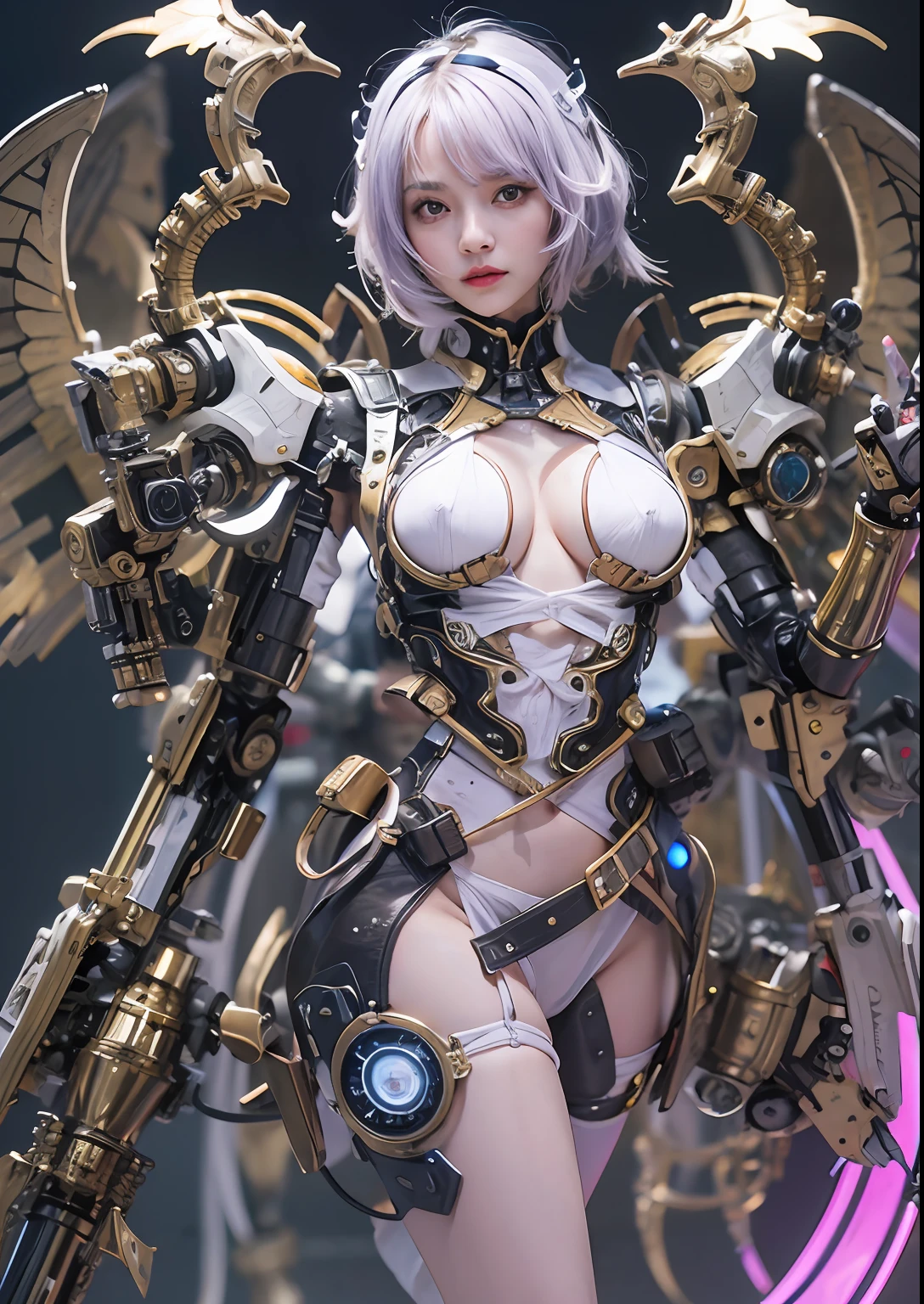 top-quality、tmasterpiece、超A high resolution、(Photorealsitic:1.4)、RAW photo、Steampunk battle robot angel、Large wing made of metal、White porcelain body、whaite hair、glowy skin、1 Cyborg Girl、((Super realistic details))、porate、globalillumination、black shadows、octan render、8K、ultrasharp、Character edge light,Colossal tits、Raw skin is exposed in cleavage、Details of complex ornaments、Acrylic transparent cover、Sumerian details、Hydraulic cylinder、small led lights、highly intricate detail、Realistic light、a purple eye、Radiant eyes、Facing the camera、neon light detail、cow boy shot、Futuristic headgear、Floor plan about the《cyber punk perssonage》、gigantic cleavage breasts,Raised ,Get wet all over your body,Pose with your hips facing you