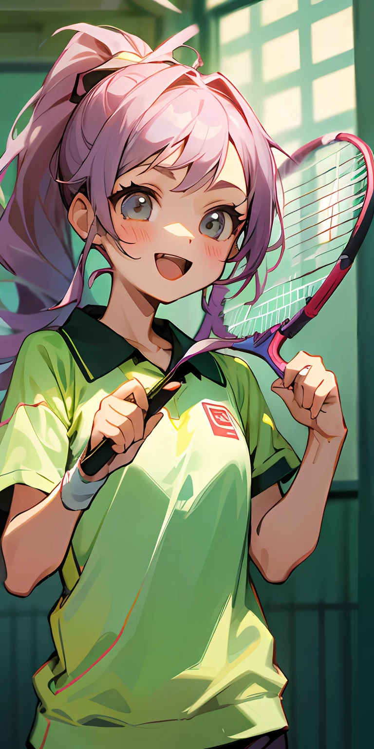 A little girl holds a badminton racket in her right hand,High ponytail,shairband,Long hair,having fun,sport,Badminton court
