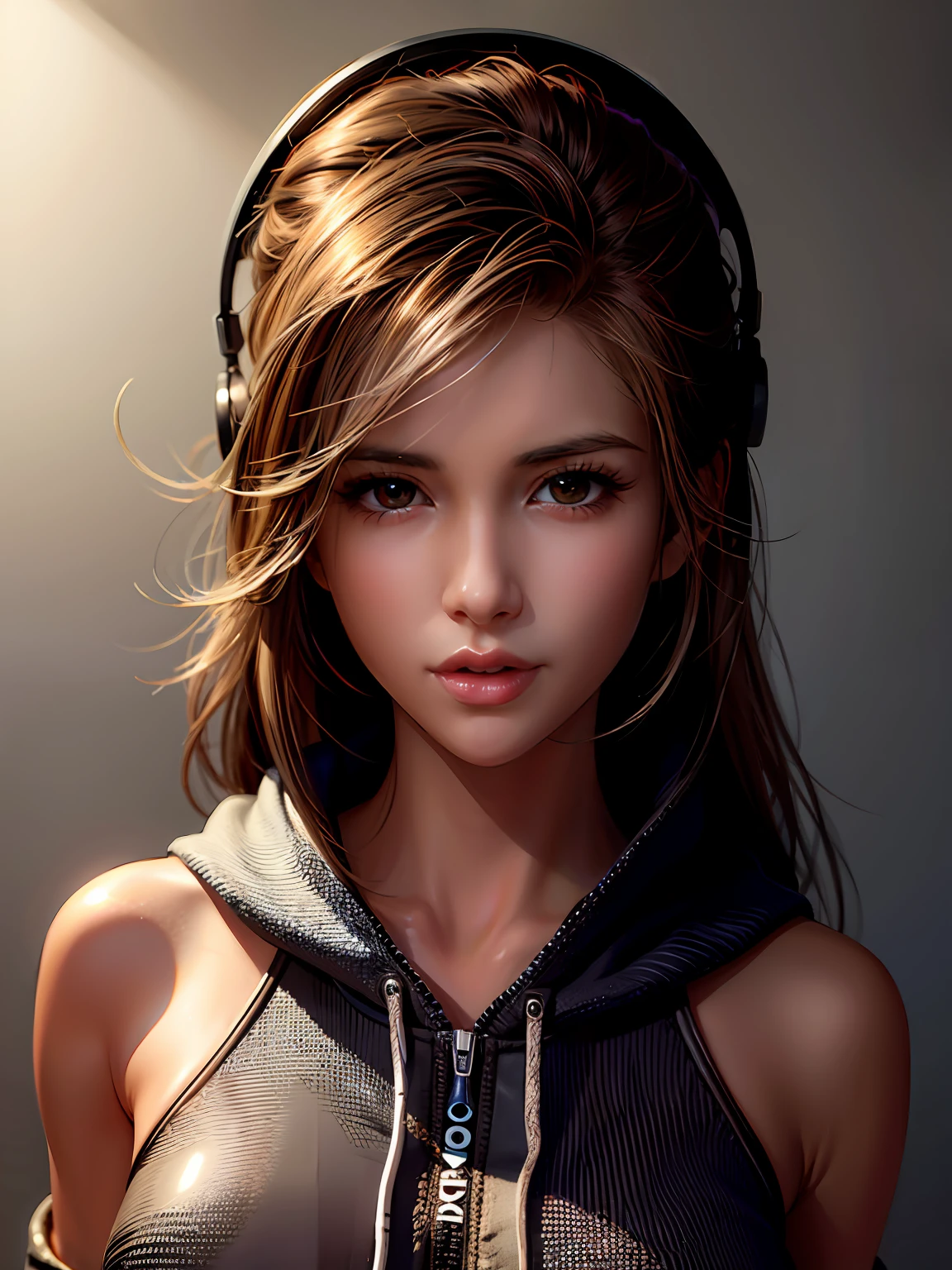 long straight dark brown haired gamer girl leaning into the camera, three-quarter headshot:1.2, lean body, fit body, photo from front above, dark red hoodie:1.2, straight hair, large leather gamer headphones:1.2, skintight black top:1.2, looking at viewer, realistic, 4k, cinematic lighting, perfect, soft lights, intricate details:1.2, high resolution skin:1.2, realistic skin texture, realistic face, perfect anatomy, lean girl, fit girl, sfw:1.2, jumper:1.2, hoodie:1.2, headphones:1.2