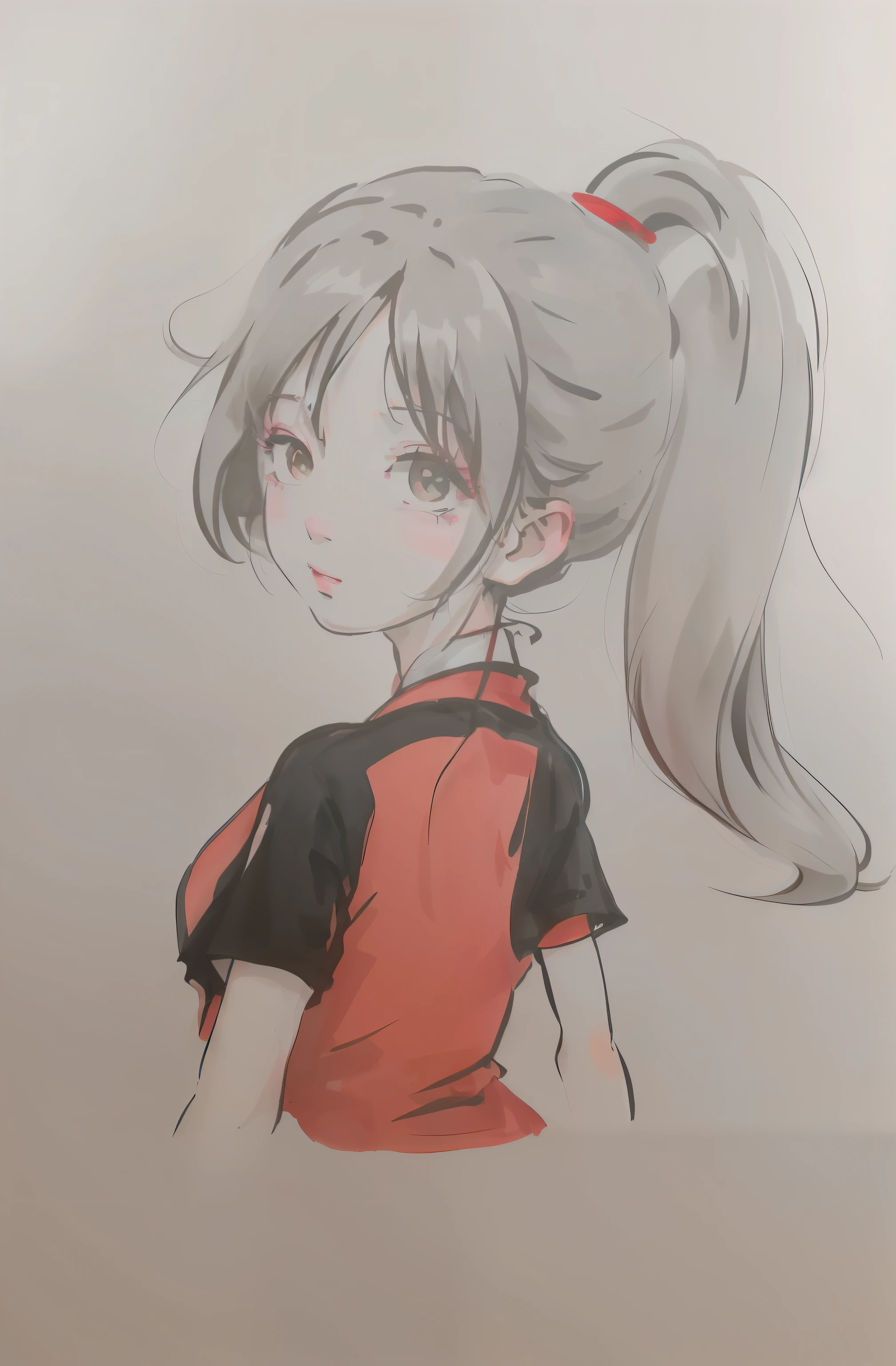 Painting of a girl with a ponytail and a red shirt, flat anime style shading, Portrait of an anime girl, anime sketch, anime-inspired, colored sketch, drawn in anime painter studio, made with anime painter studio, in an anime style, An anime girl, Anime style portrait, style of anime, grayscale phtoto with red dress, colored sketch anime manga panel