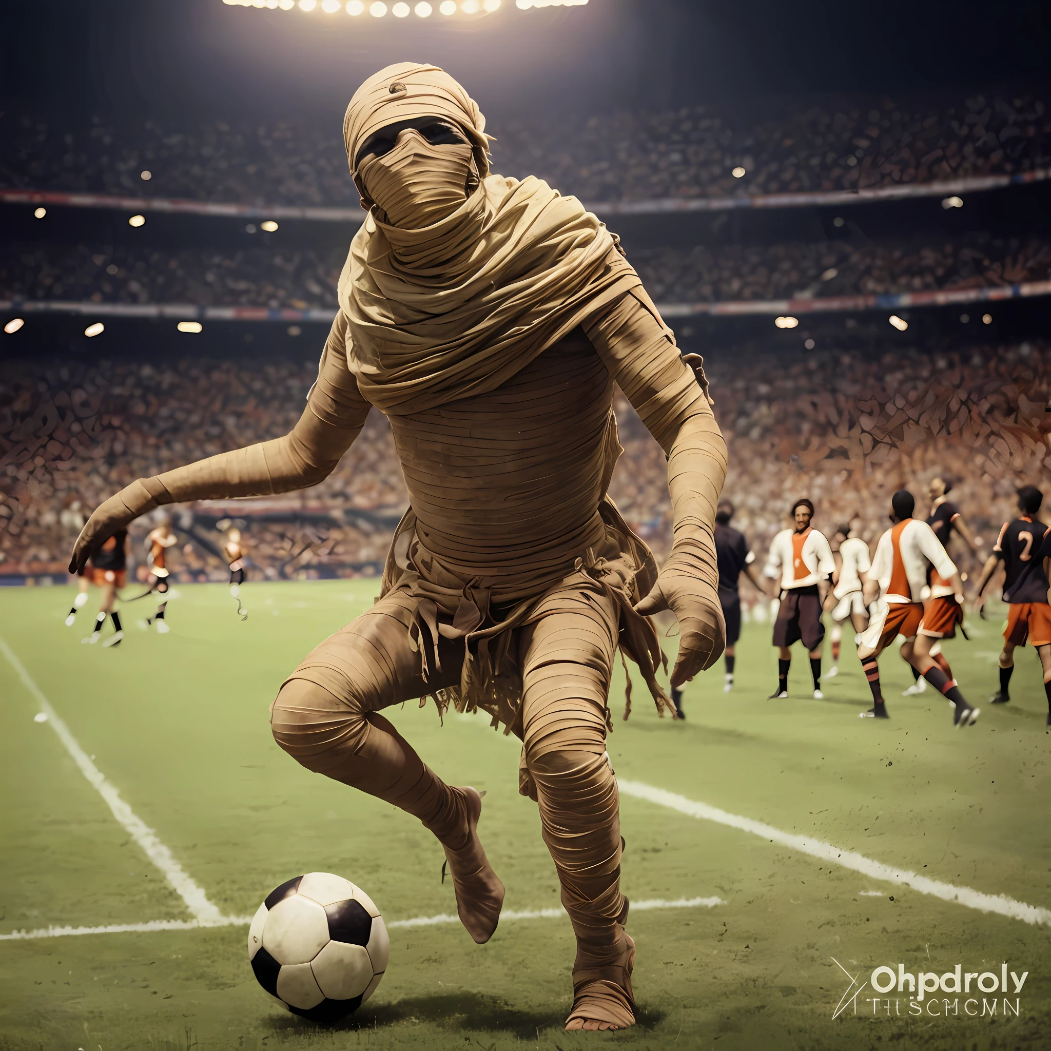 a mummy confidently takes the field in a thrilling game of soccer. The mummy's bandages flow behind it, creating a sense of movement as it gracefully maneuvers the ball. The stadium is packed with cheering ((spectators wearing eccentric costumes)), bringing an atmosphere of excitement and joy. The bright lights illuminate the field, casting dramatic shadows that add depth to the scene. In the backdrop, towering pyramids rise against a ((sunset sky)), showcasing the mystique of ancient Egypt. The mummy's teammates and opponents, also dressed as various mythical creatures, race across the field, creating an energetic and dynamic atmosphere.