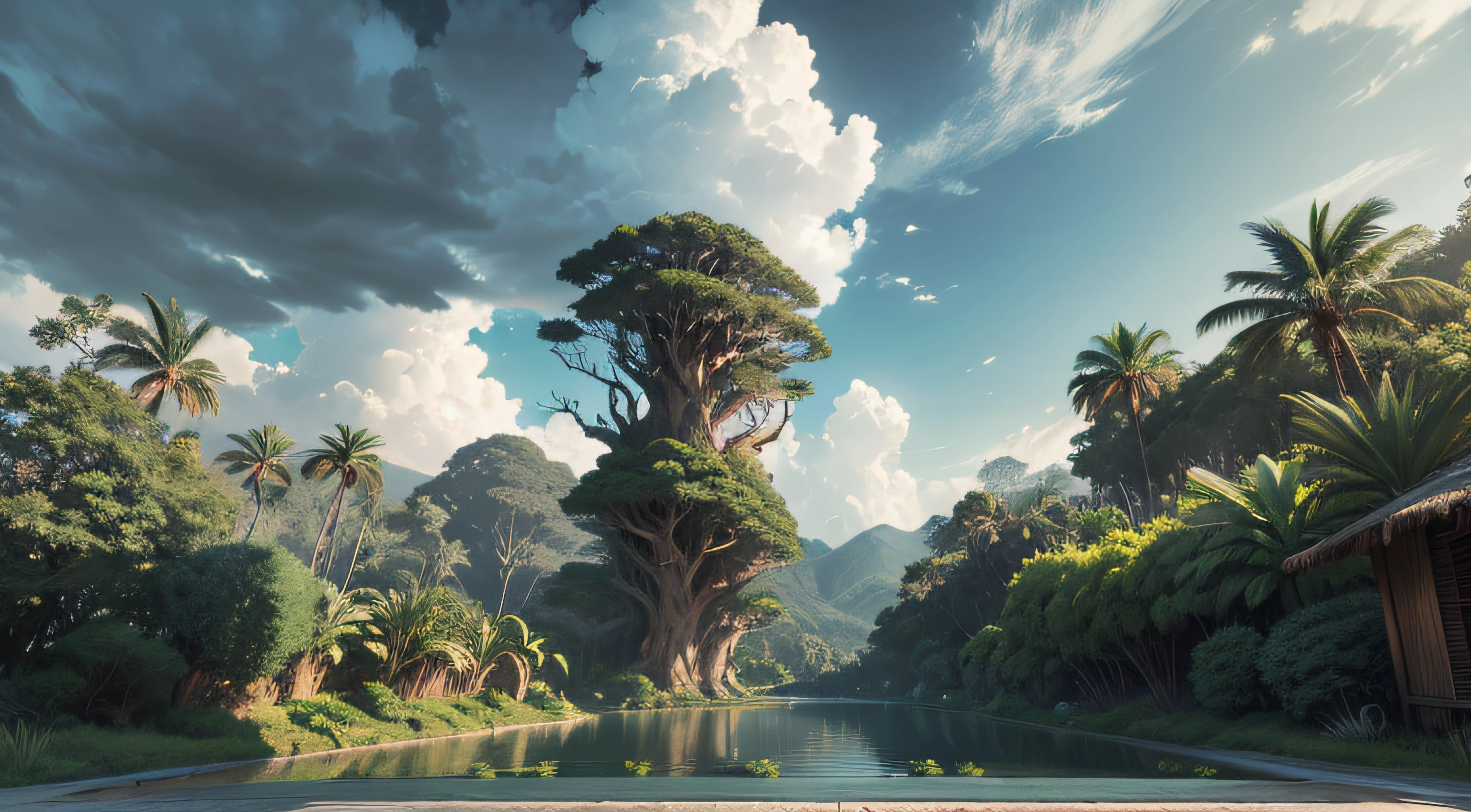 Paisagem linda com arvores gigantescas, Roots to Exhibitions, Vines, plantas coloridas, palmeiras, coqueiros, rochas gigantes, cachoeiras exuberantes, rio com pedras enormes, cabana de pesca, sky with dense clouds, sol, lua, profundidade de campo, global ilumination, hiper realista,