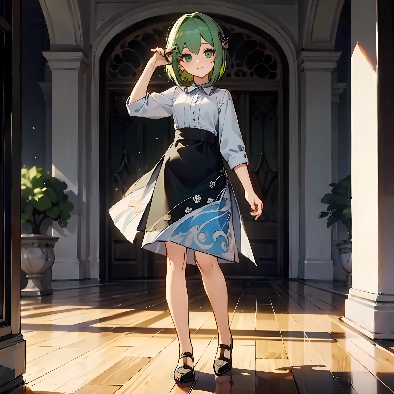 1girl, lamia, an octopus, white shirt, full bodyesbian, Original Character, best shadow, Stunning beautiful girl, petite, Delicate, beautiful and charming face，(masterpiece,best quality:1.5),1girl,solo,solo focus,dating,cute,standing,smiling:1.2,, full body,Green hair，eye glass，short detailed hair，By bangs