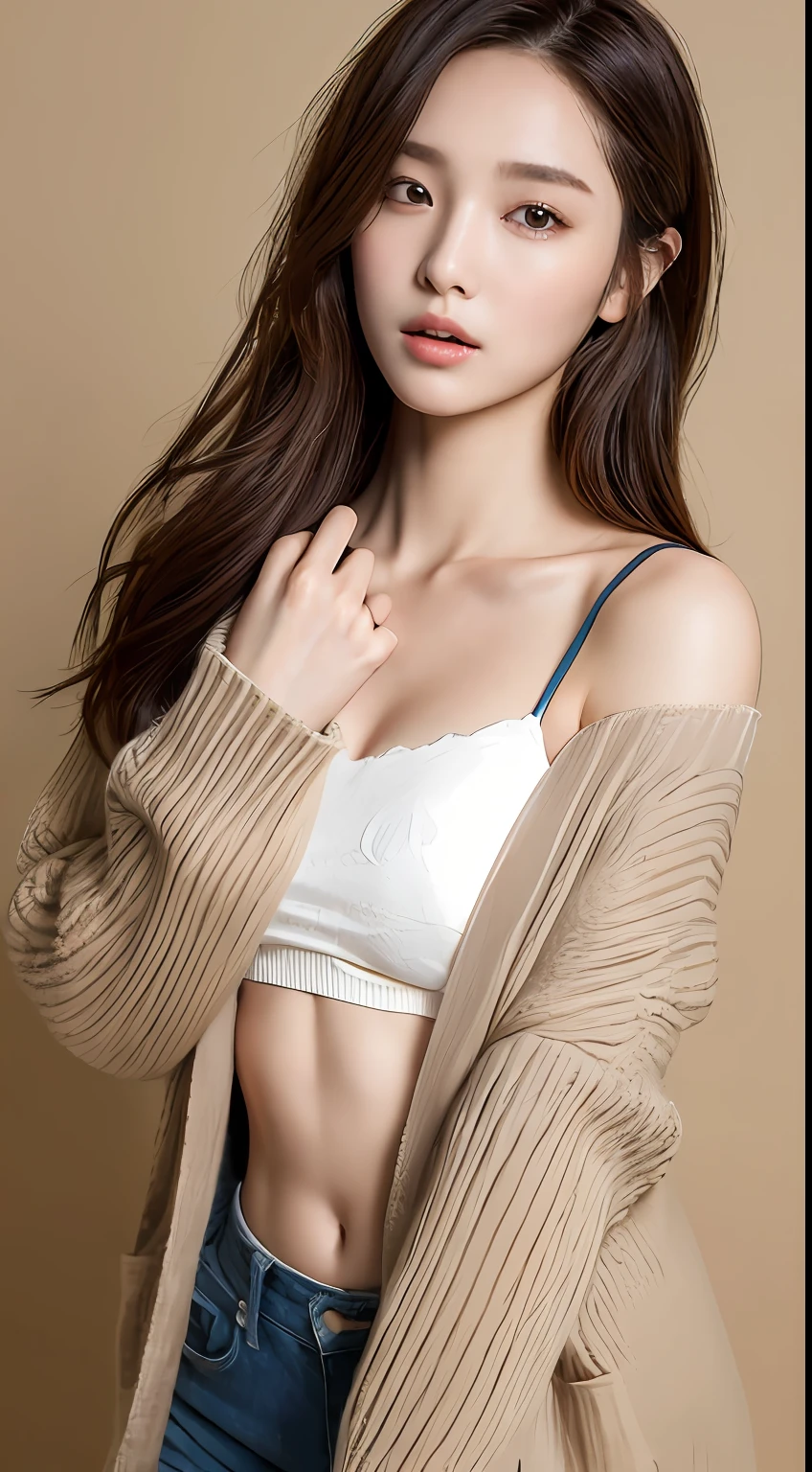 ((Top Quality, 8k, Masterpiece: 1.3)), 1 girl, Beauty with slender abs: 1.3, (Long hair, big: 1.2), Cardigan: 1.1, Ultra detailed face, detailed eyes, double eyelids