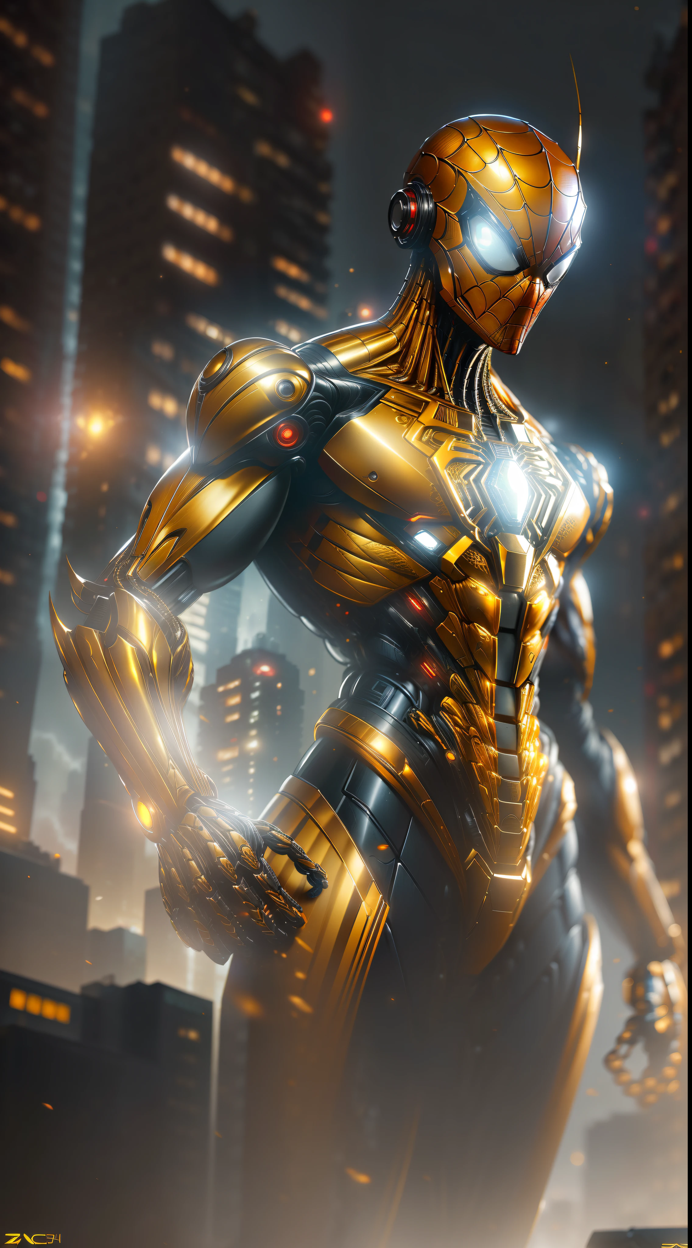 Gold Spider-Man from Marvel photography, biomechanical, complex robot, full growth, hyper-realistic, insane small details, extremely clean lines, cyberpunk aesthetic, masterpiece featured at Zbrush Central