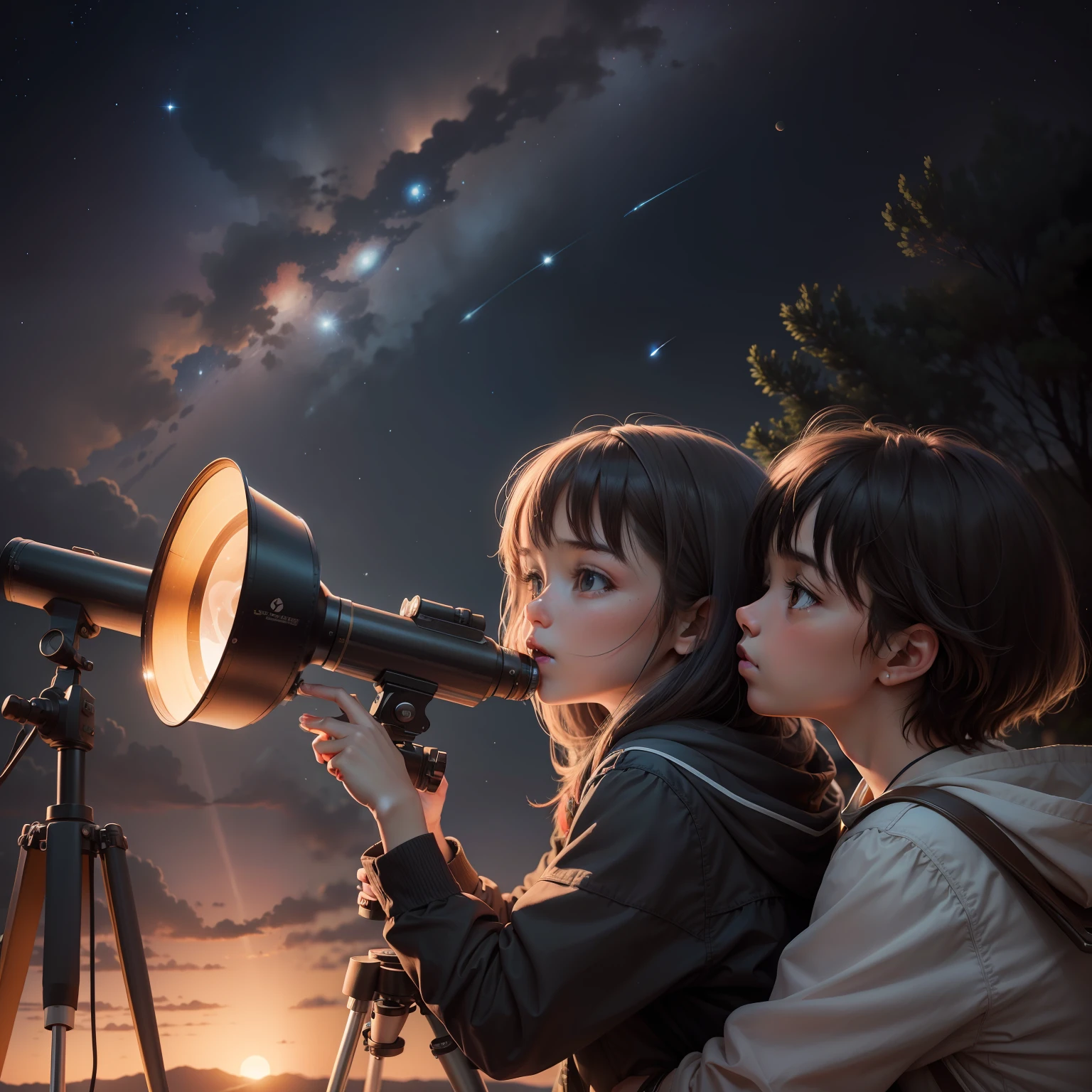 A woman from Arafed and a looking through a telescope, telescope, Predicting the future, Watch the stars, Regarder le ciel, Planets visible in the sky, Regardez au loin, astronomie, astronomique, Regarder la lune, Regarder dans le cosmos, astrophotographie, In Search of the Stars, Watch the stars, Photographie fine en plein air