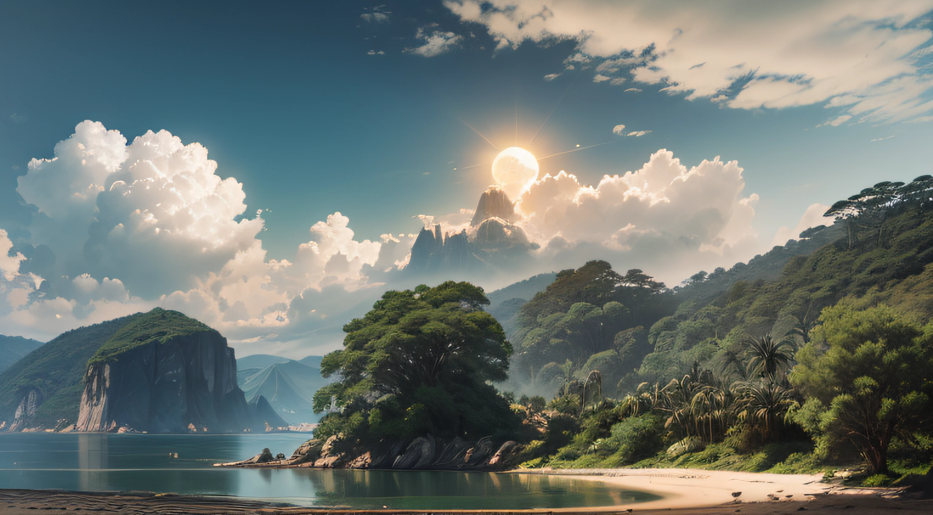 Paisagem linda com arvores gigantescas, Roots to Exhibitions, Vines, plantas coloridas, palmeiras, coqueiros, rochas gigantes, cachoeiras exuberantes, rio com pedras enormes, cabana de pesca, sky with dense clouds, sol, lua, profundidade de campo, global ilumination, hiper realista,