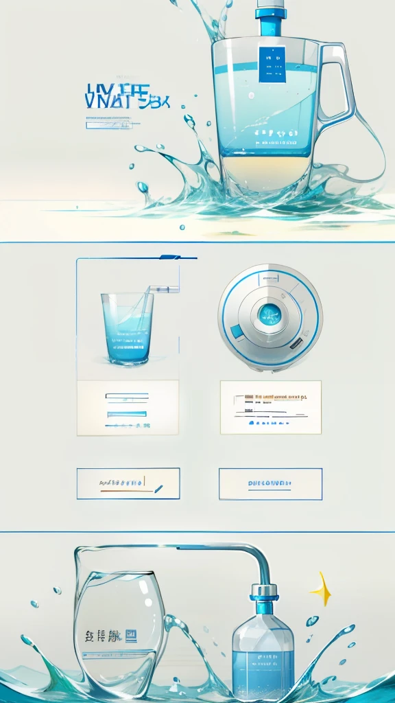 different creative unique website for water purifier, full-width, water, splashing water, minimal and simple navigation, minimal, clean, flat, and simple design style. UI/UX, UI, UX. Complex article blocks. Rich, modern, inspirational, motivational, and abundance, mainly white , blue accents,