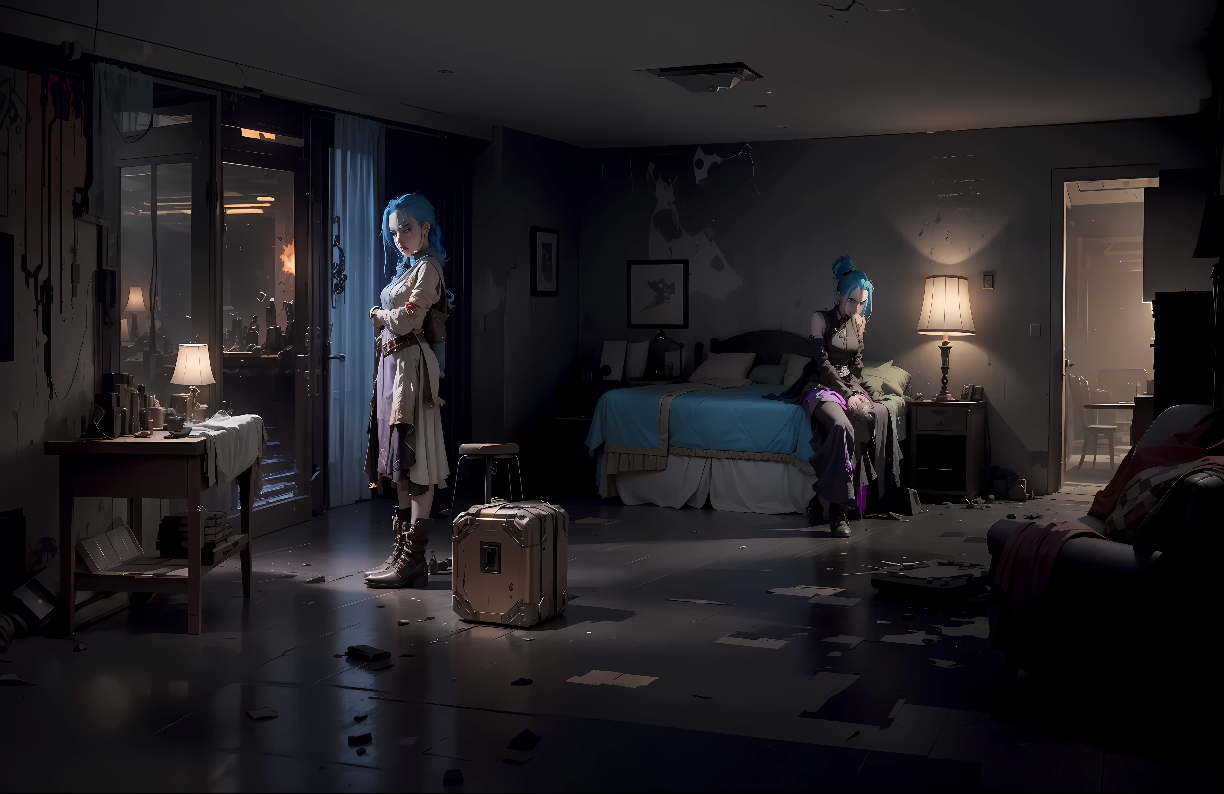 ((Best quality)), ((masterpiece)), (highly detailed:1.3), 3D, arcane style,In the dark and courageous dystopian city of Piltover, plagued by violence and divided into two opposing factions, a young prodigy named Jinx emerges. Having endured unimaginable loss and abandonment, she embraced a life of chaos and destruction. Known for her inventive and explosive abilities, Jinx becomes an icon of rebellion against the oppressive forces that control the city. However, haunted by guilt and battling inner demons, she must confront her past and decide whether to continue on the path of anarchy or seek redemption amid the turmoil. Explore Jinx's journey as she navigates a treacherous world, fighting for survival, unlocking secrets, and discovering the true meaning of her twisted existence, chaos reigns supreme, and at the center of it all is Jinx, the embodiment of unpredictability. Delve deep into Jinx's twisted mind, exploring the origins of his madness and the driving force behind his destructive nature. Unravel the moments that shaped her into the crazed, iconic character we know. Take us on a wild journey through the vibrant streets of Piltover and the shadowy suburb of Zaun as Jinx wreaks havoc with his explosive arsenal. Can redemption find its way into Jinx's fractured soul? Or will she dance forever on the edge of sanity, embracing the chaos that fuels her very existence? Arcane's fate hangs in the balance as Jinx's path intertwines with unlikely allies and formidable enemies. Ignite your imagination and paint a vivid portrait of Jinx's distorted psyche, capturing the essence of her madness and the indomitable spirit that defines it, HDR (High Dynamic Range), Ray Tracing, NVIDIA RTX, Super-Resolution, Unreal 5, Subsurface Scattering, PBR Texturing, Post-processing, Anisotropic Filtering, Depth of Field, Maximum Clarity and Sharpness, Multit Textures