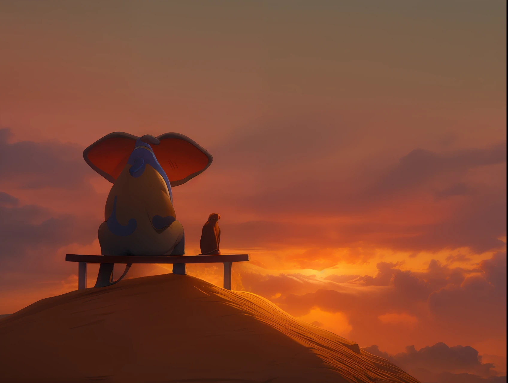 There is a dog sitting on a bench with an elephant, Fantasia pintura fosca,fofo, cena de filme animado, quadro do filme pixar, 3D render e pintura fosca, Da Disney Pixar's Up (2009), animation movie still, looking at sunset, Do filme Lorax, olhando para o horizonte, Disney Pixar filme ainda