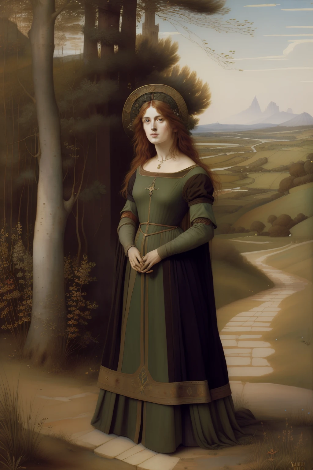 (((pintura pre raphaelie medieval))) [rei celta segura ramos de carvalho] + grande carvalho, tons outonais, coroa, roupa xadrez celta, homem barbudo, cabelos curtos loiro. Gustave Doré style painter.