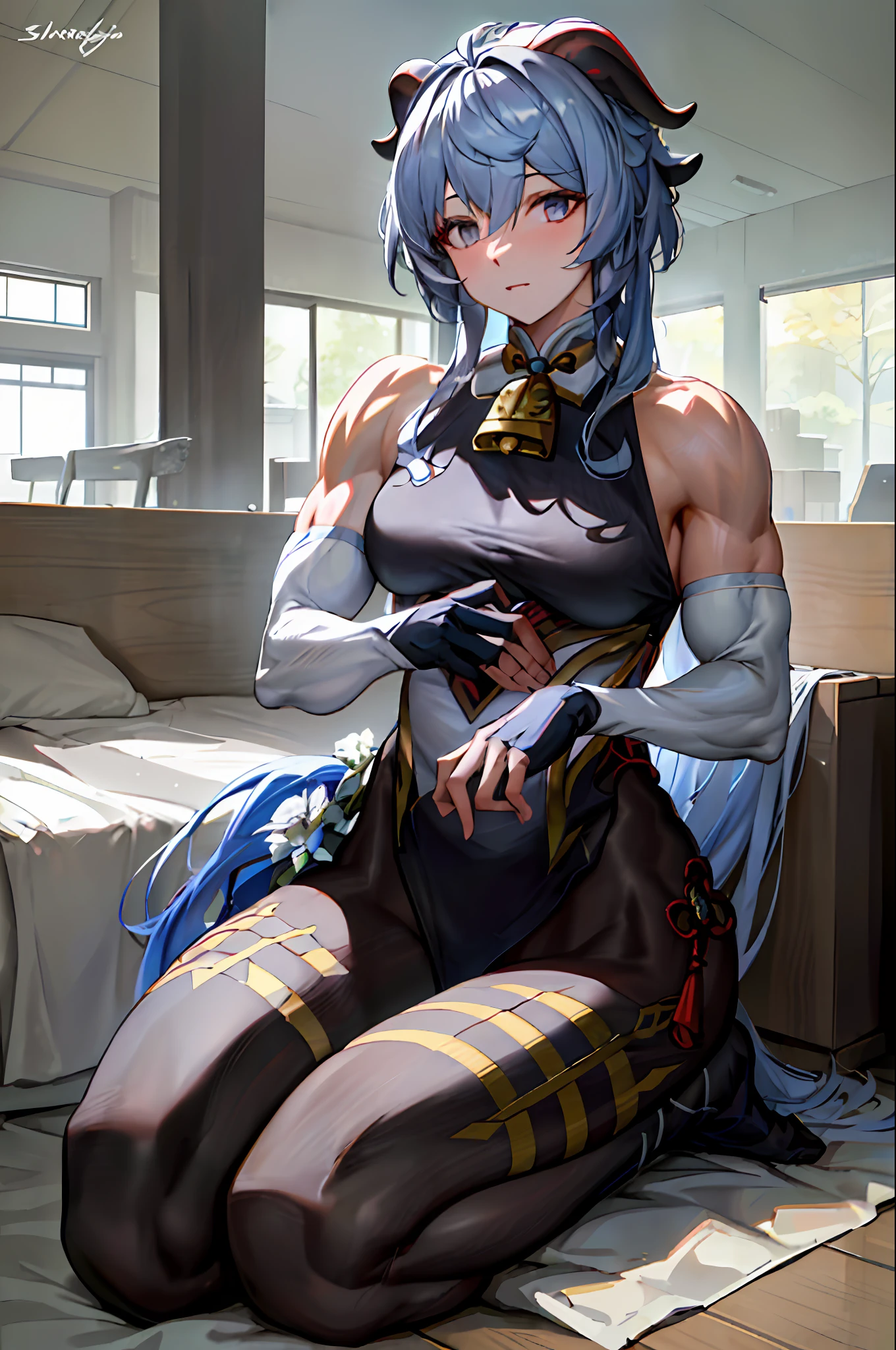 (photorealistic:1.4), (masterpiece, sidelighting, finely detailed beautiful eyes: 1.2), masterpiece*portrait, realistic, , ganyu \(genshin impact\), 1girl, muscular female,muscular,Bare shoulders,Bell,black glove,Black tights,(blue hair),Blushlush,Beautiful breasts,Chinese knot,the sleeve,flower knot,mitts,cow horn,long whitr hair,Look at the audience,middlebreast,Neckbells